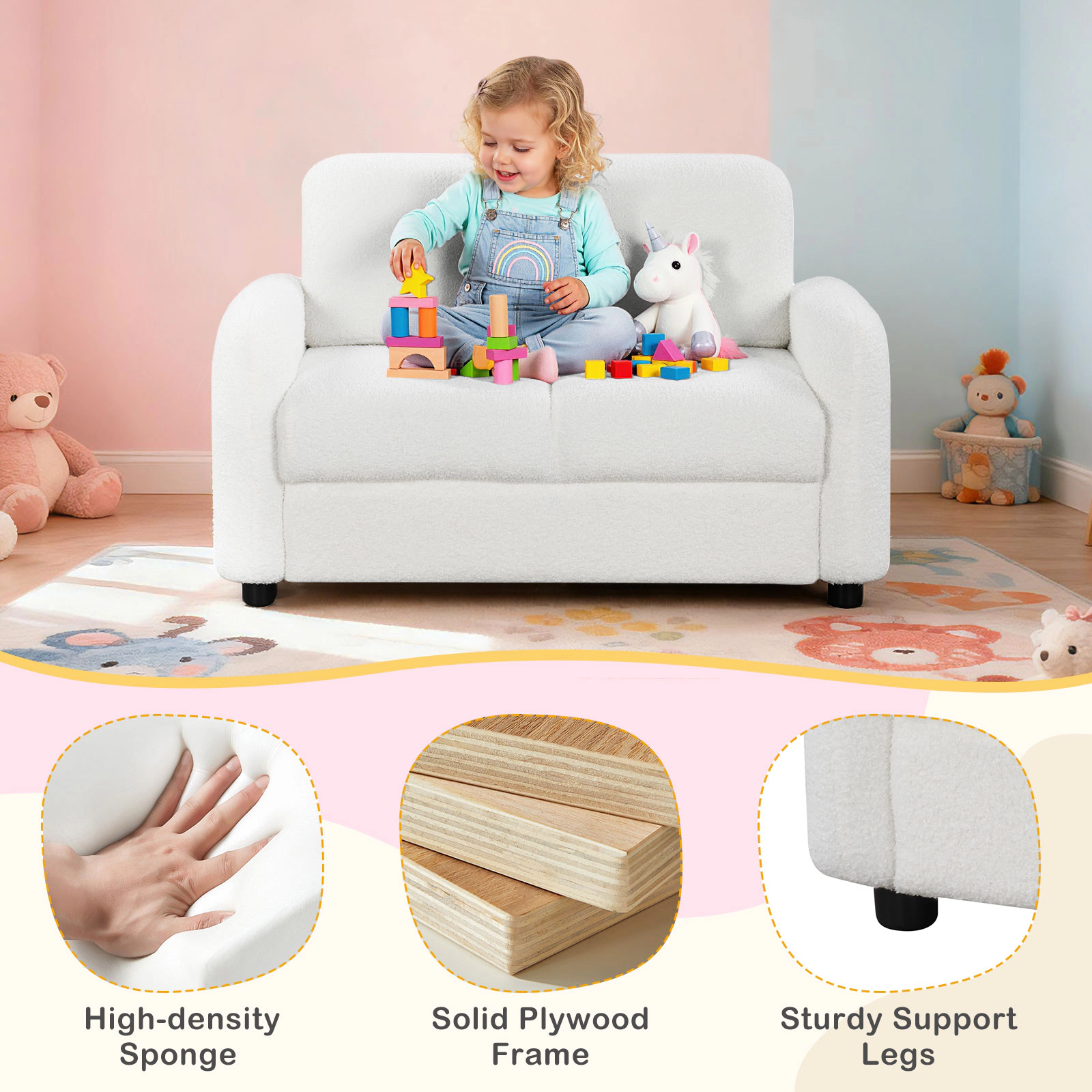 SUGIFT 2-Seat Kids Sofa Toddler Couch with Teddy Fleece Upholstery 330-lb Capacity Ages 3+ White