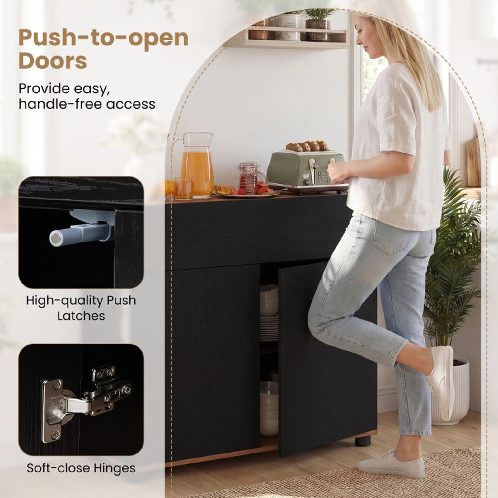 SUGIFT 31.5-in 88-lb Countertop Black Wooden Sideboard Buffet Cabinet with Push-to-Open Doors and Wide Drawer