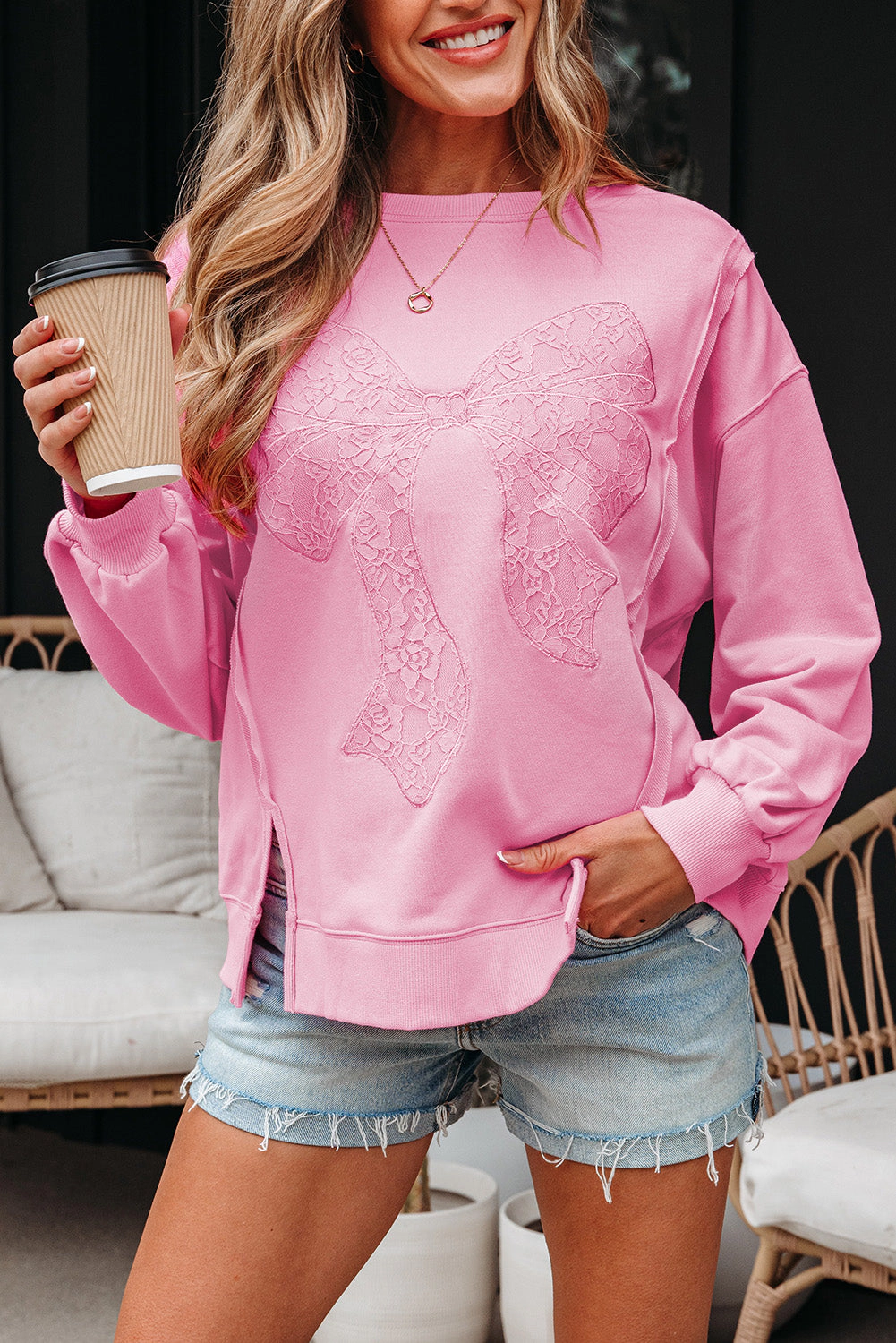 Threaded Pear Women's Brianna Lace Bow Embroidered Exposed Seam Sweatshirt