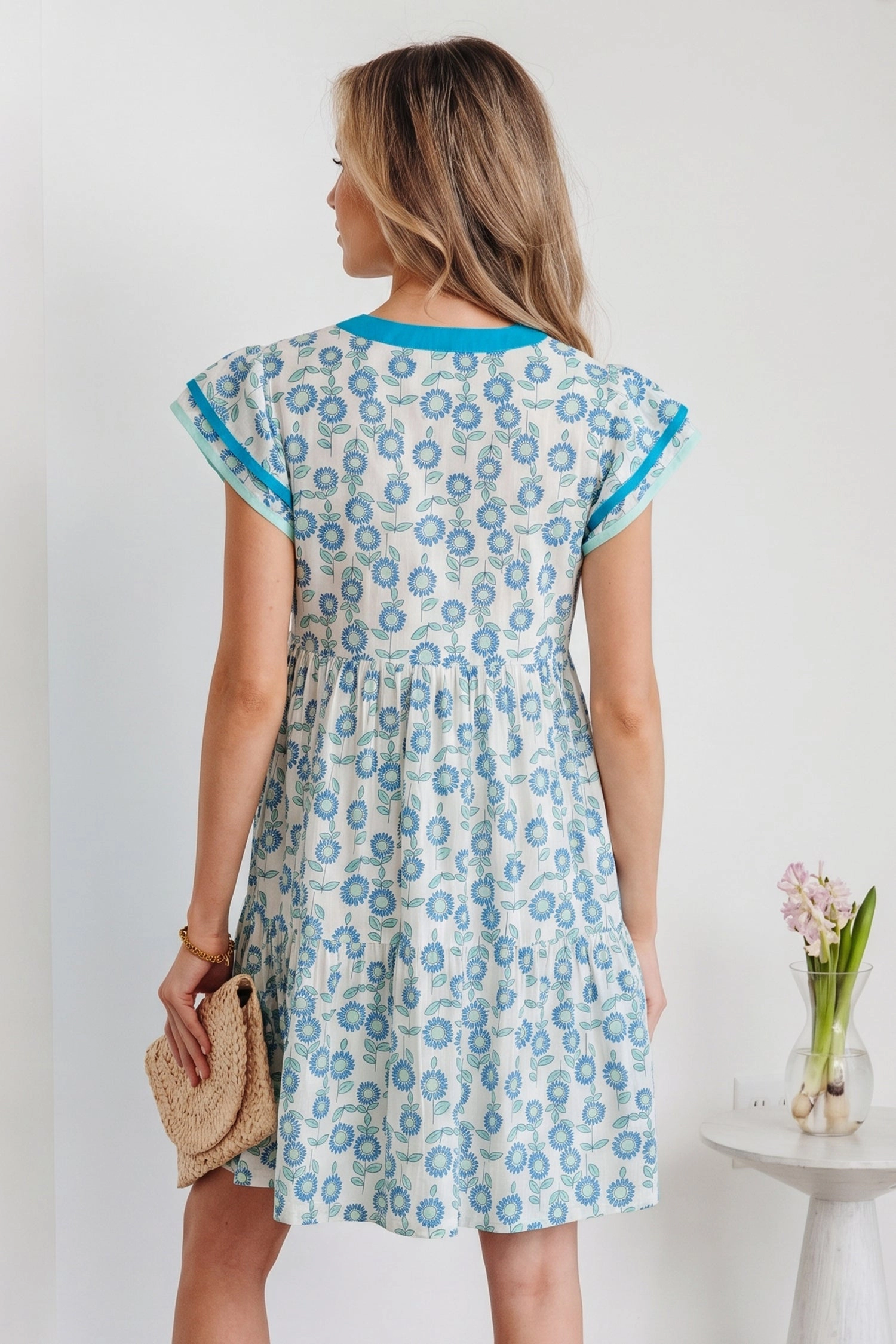 Threaded Pear Womens Marlowe Flutter Sleeve Mini Dress - Sunflower Print Sky Blue
