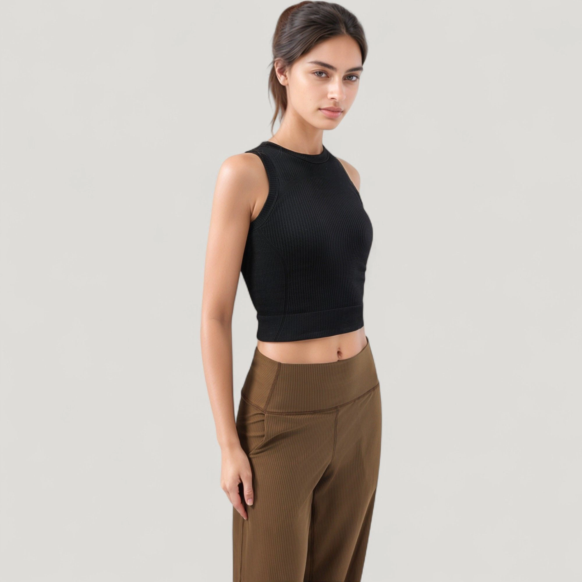 Anna-Kaci Women's Ribbed High Neck Sleeveless Crop Top with Seam Detail