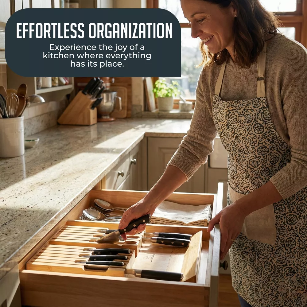Luminuxe Bamboo Knife Block Drawer Organizer, Durable Nonslip In‑Drawer Wooden Knife Storage Holds up to 12 Knives