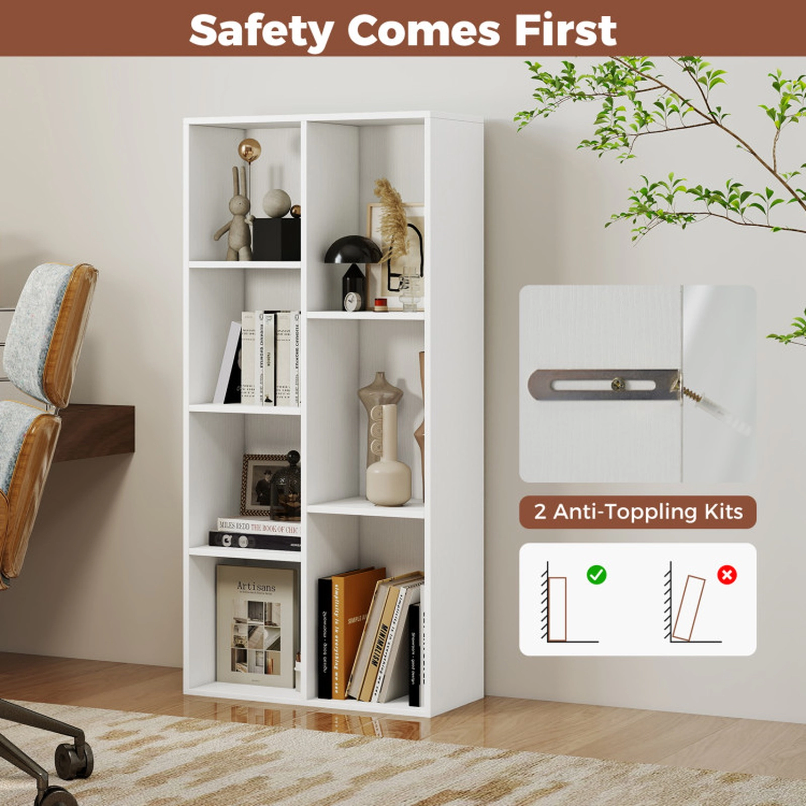 SUGIFT Vertical or Horizontal Freestanding Bookshelf with 7 Compartments 176-lb Capacity 19.5-in Wide White