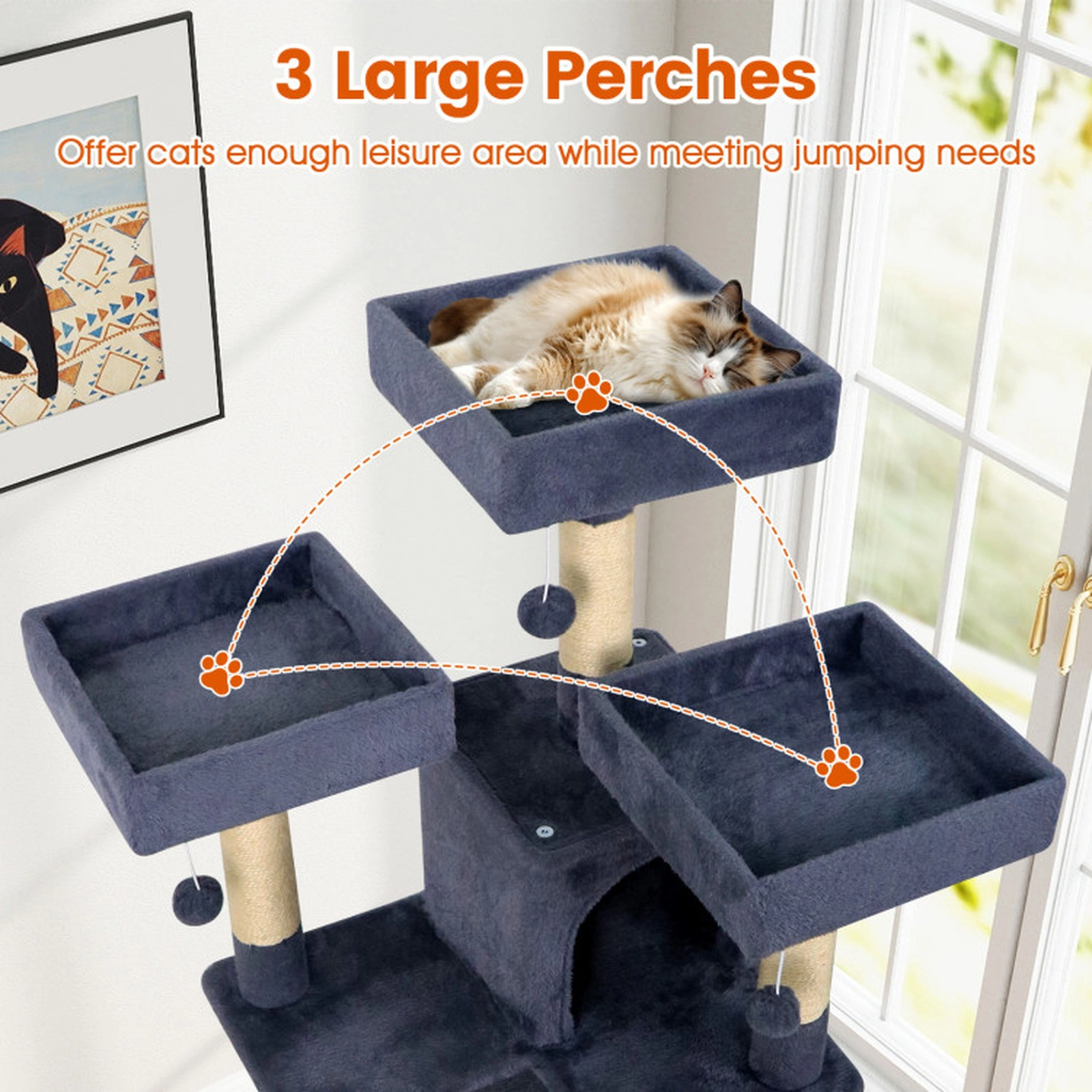 SUGIFT 65-in Tall Dark Gray Multi-Level Cat Tree with 3 Perches 2 Condos Ladder and Scratching Board