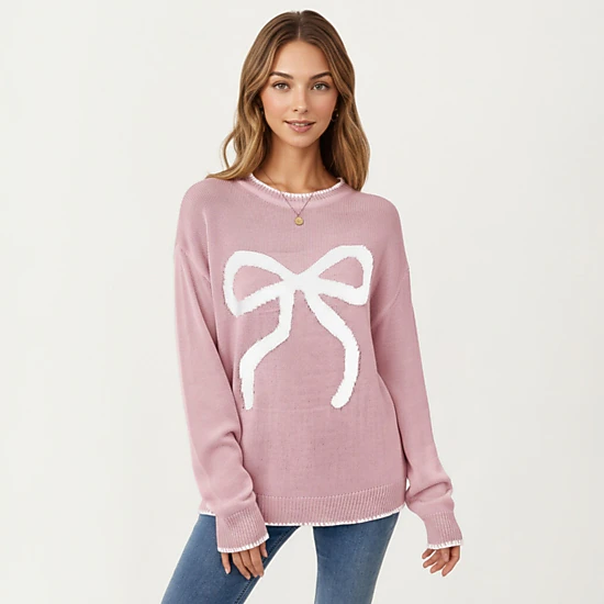 Anna-Kaci Women's Crew Neck Knit Sweater with Large Bow Graphic Design