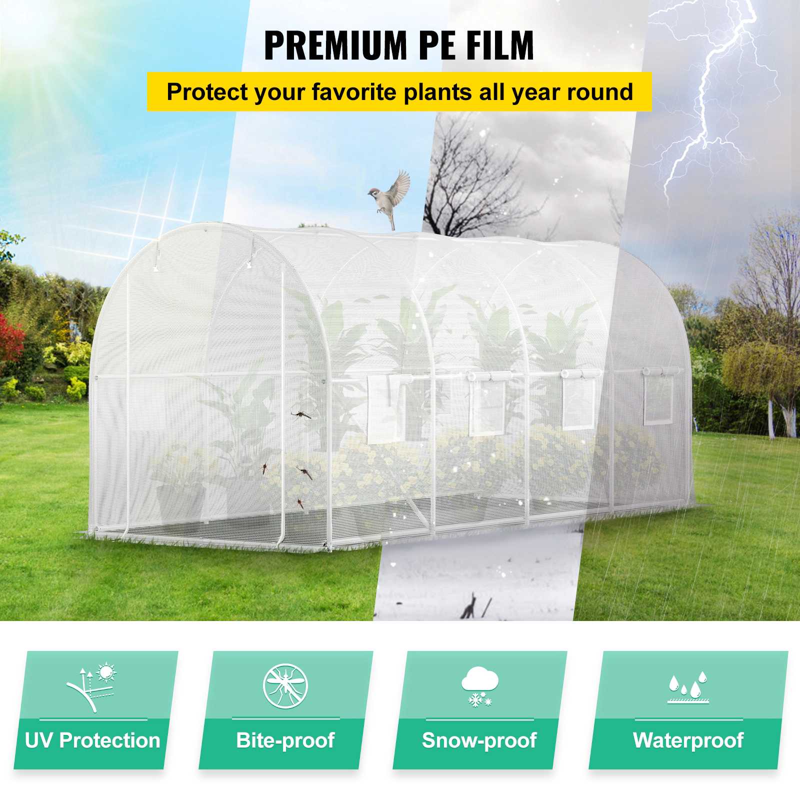 HONGGE Walk-in Tunnel Greenhouse Portable Plant Hot House with Galvanized Steel Hoops 1 Top Beam Diagonal Poles