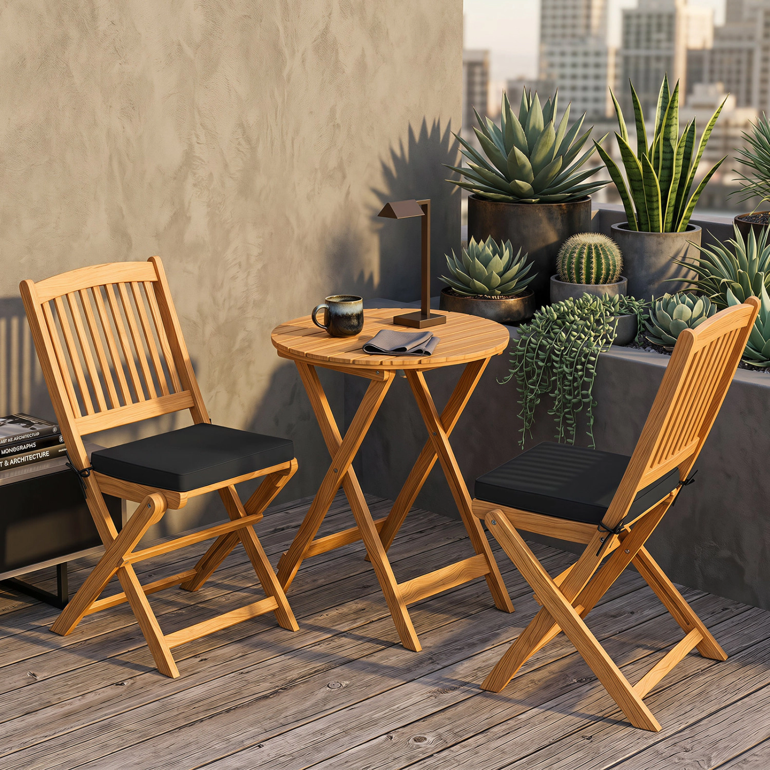LJG 3 Pieces Acacia Wood Patio Folding Bistro Set with Soft Cushions