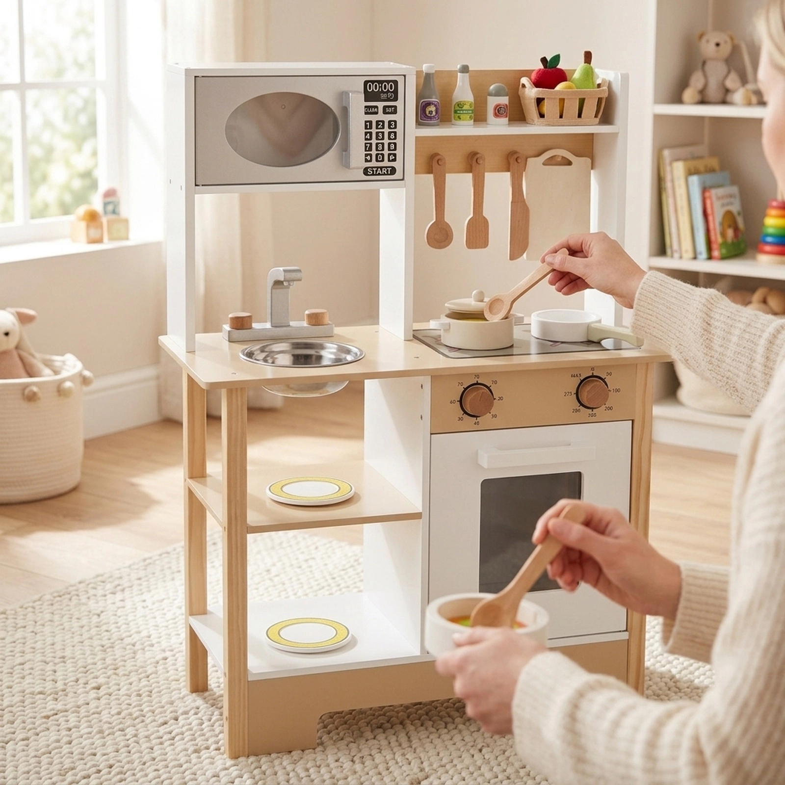 Kids Wooden Toy Kitchen Playset with Anti-Tip Kit Chalkboard and Cookware Accessories 24-in x 10-in x 33.5-in White