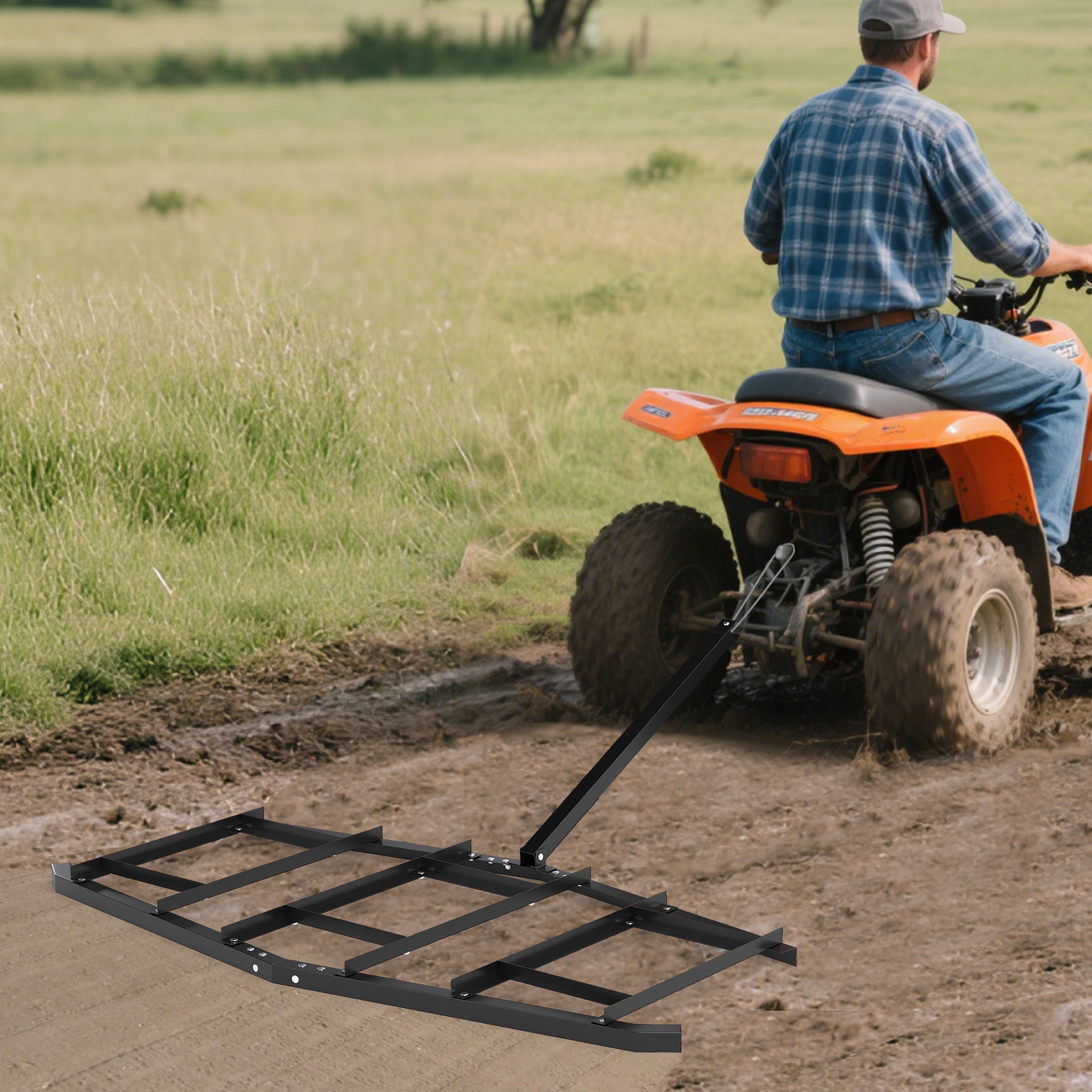 LJG 84 Inch Wide Driveway Drag Tow Behind Landscape Leveling Rake with Reinforced Bars