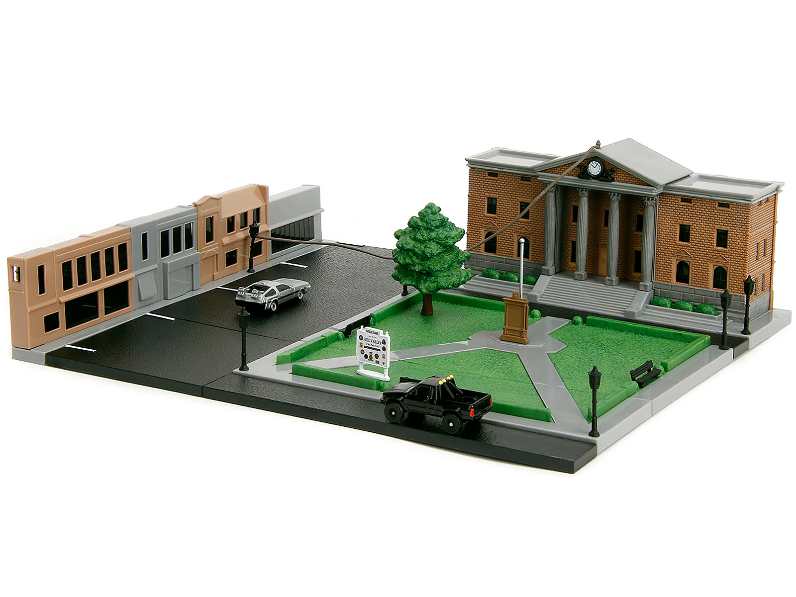 Jada Hill Valley Courthouse Diorama with Black Pickup Truck and Delorean "Back to the Future" (1985) Movie