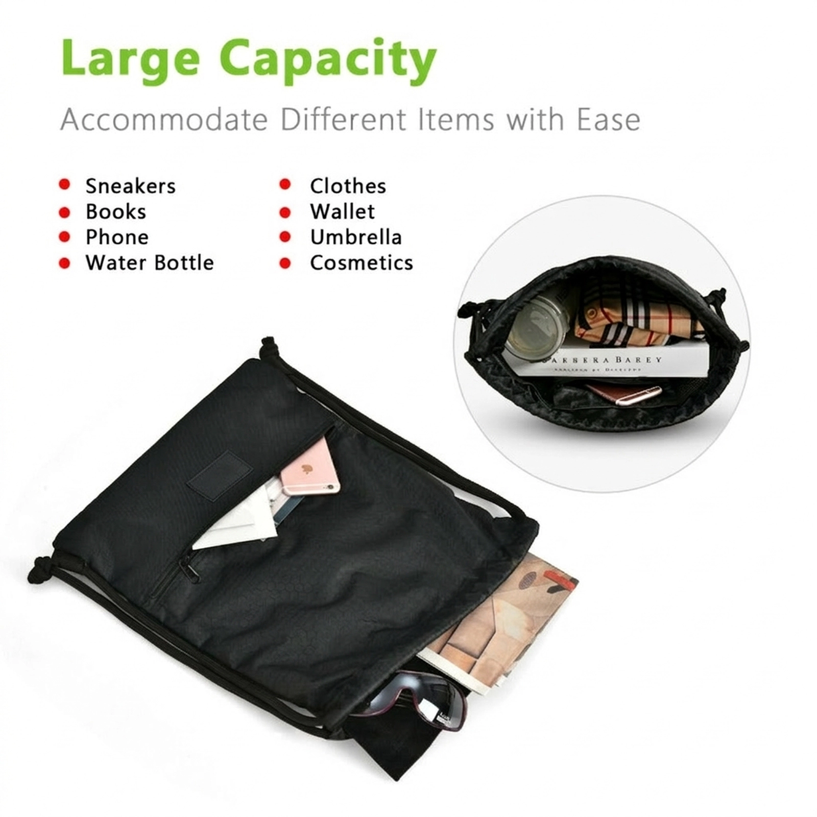 SUGIFT Foldable Drawstring Backpack Sports Sack with Zipper Pockets Black/Dark Blue Camping Bag