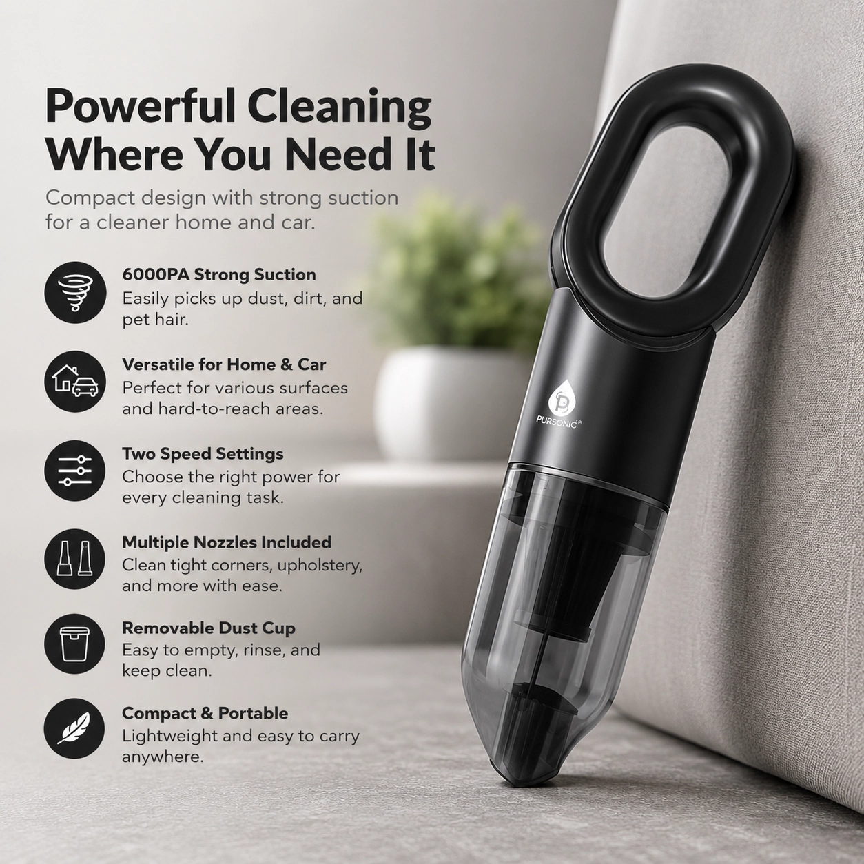 Pursonic Unisex Portable Cordless Vacuum Cleaner with USB Rechargeable Battery, 6000Pa Suction & Multi-Surface Cleaning