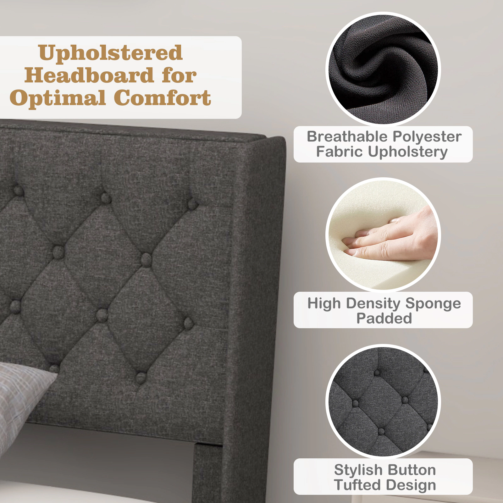 SUGIFT Twin Upholstered Platform Bed, Gray Fabric, Button-Tufted Headboard