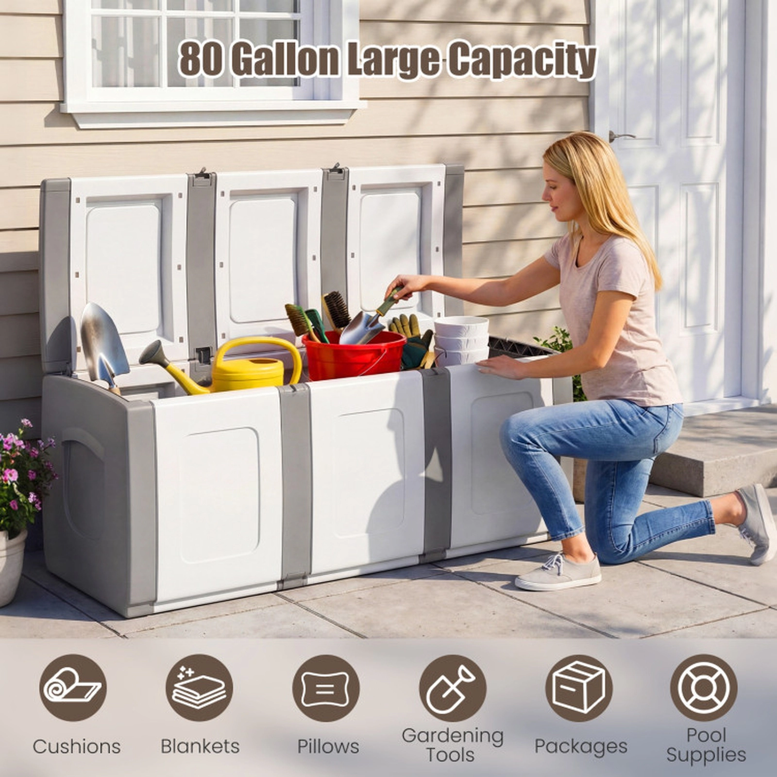 SUGIFT 80-Gallon Lockable Lid All-Weather PP Patio Container Storage Box 55-in x 21.5-in x 22.5-in 90-lb Gray