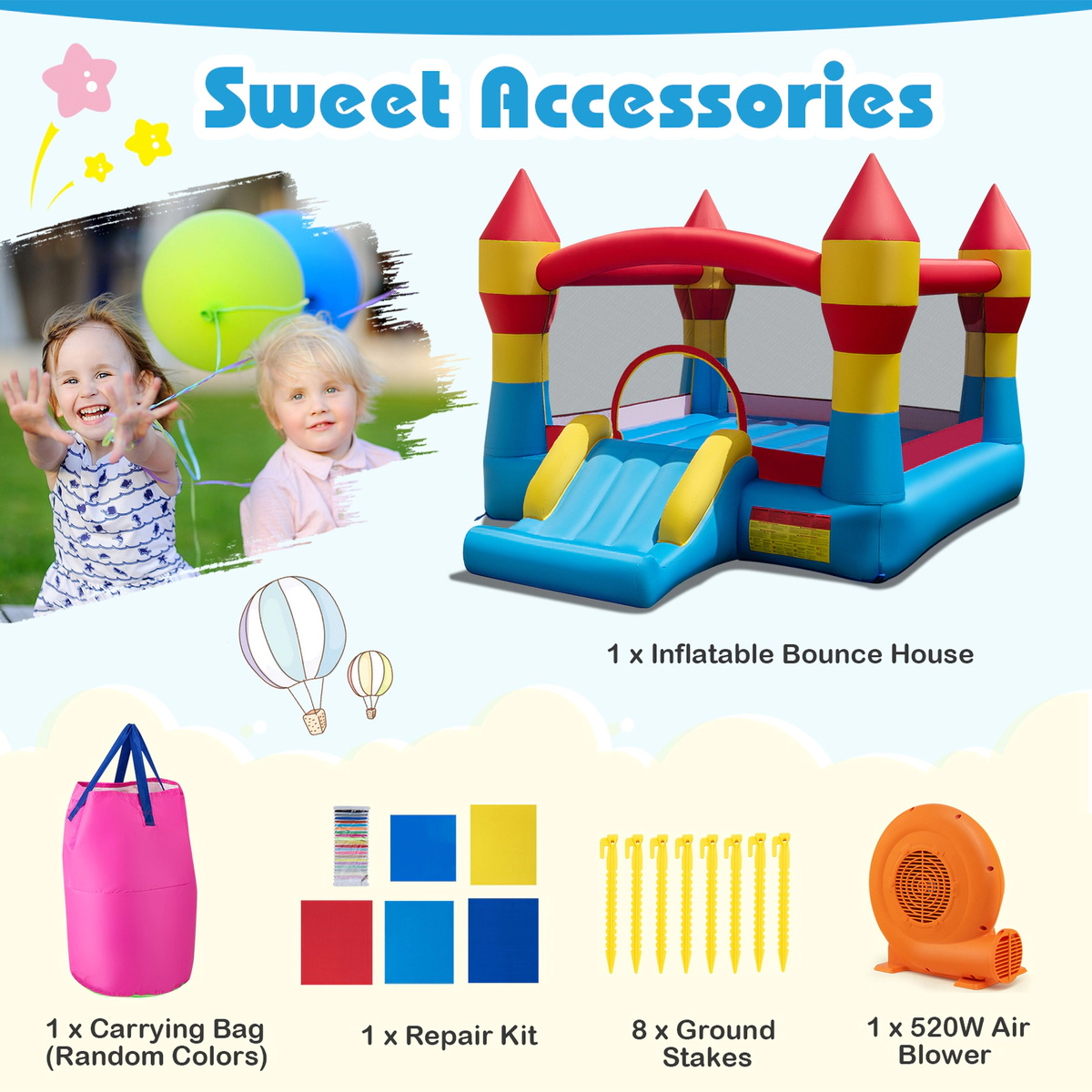 SUGIFT Slide Basketball Hoop and 520W Blower for Yard 3-in-1 Kids Bouncer