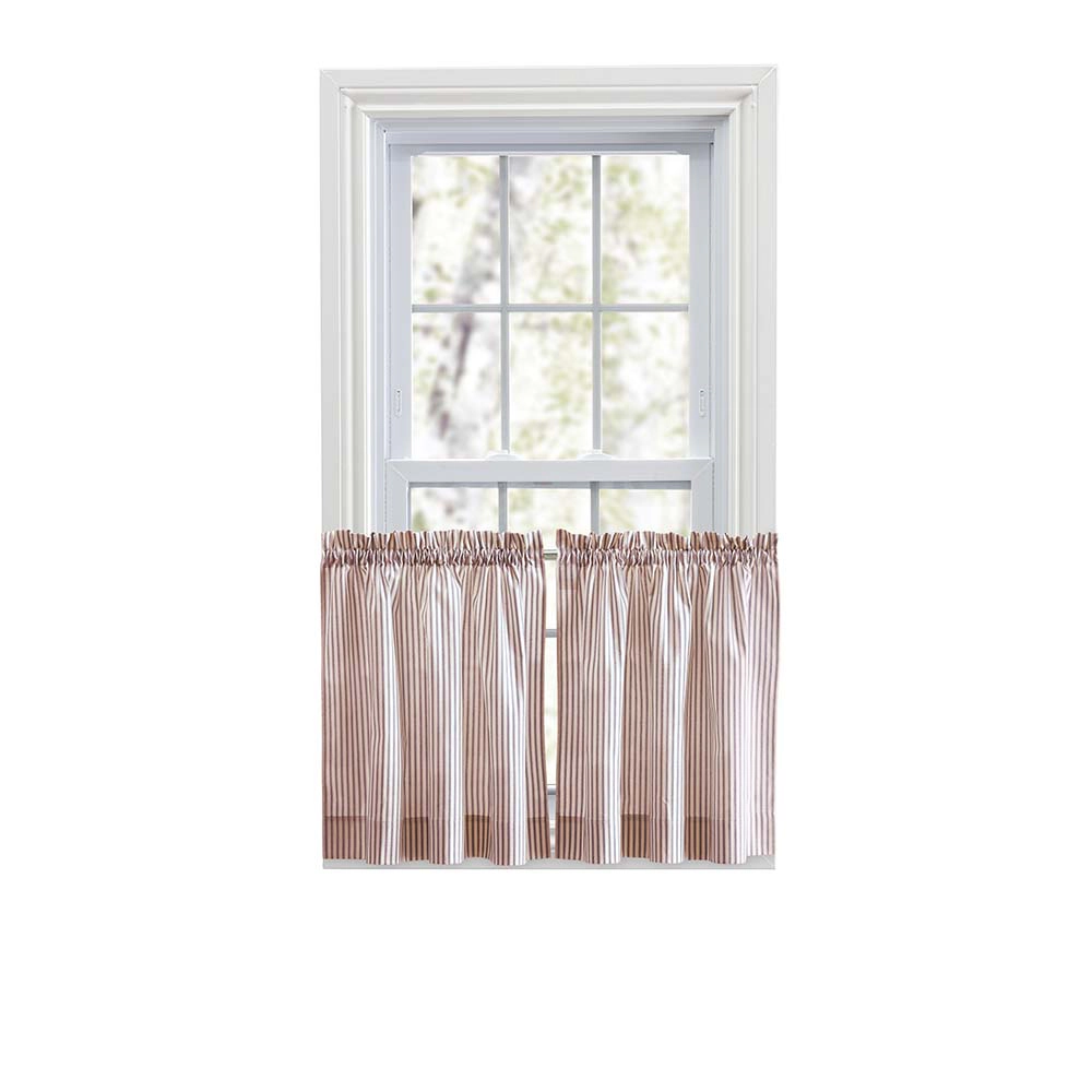 Ellis Curtain Plaza Classic Ticking Stripe Printed on Natural Ground 1.5" Rod Pocket Tailored Tiers 56" x 36" Brick