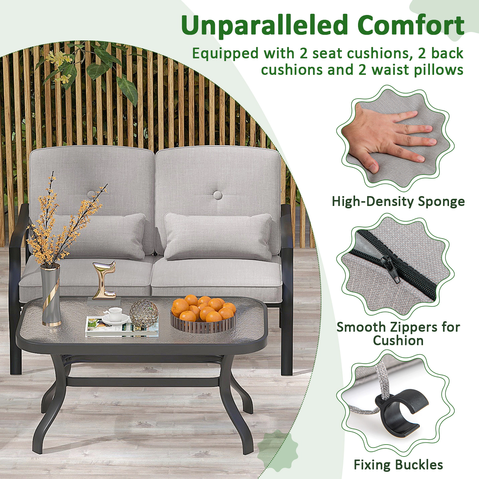 SUGIFT Outdoor Conversation Loveseat Set Tempered Glass Coffee Table 660-lb Loveseat Capacity Black Frame Gray Cushions