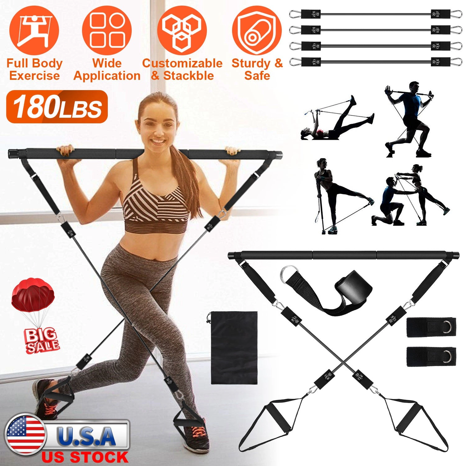 GBruno 100 LBS Pilates Bar Kit With Resistance Bands