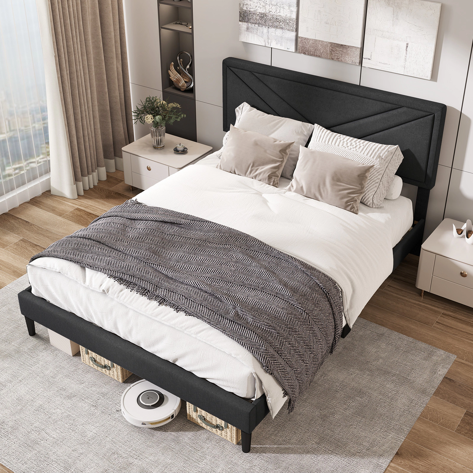SUGIFT Queen Upholstered Platform Bed, Gray Faux Linen Tufted Panel Headboard