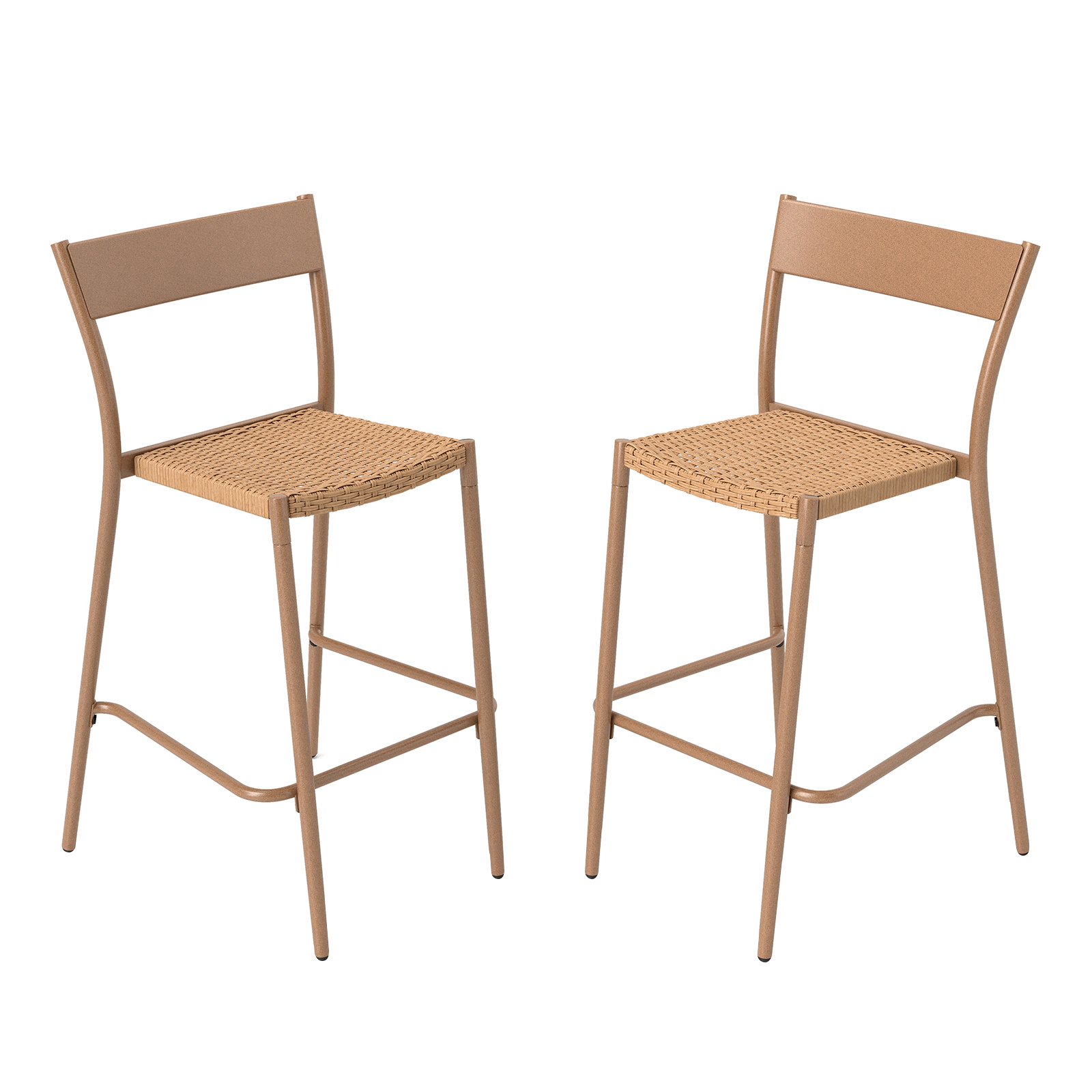 SUGIFT Woven Rattan Seat and Metal Backrest 360-lb Set of 2 Light Brown Patio Bar Stools