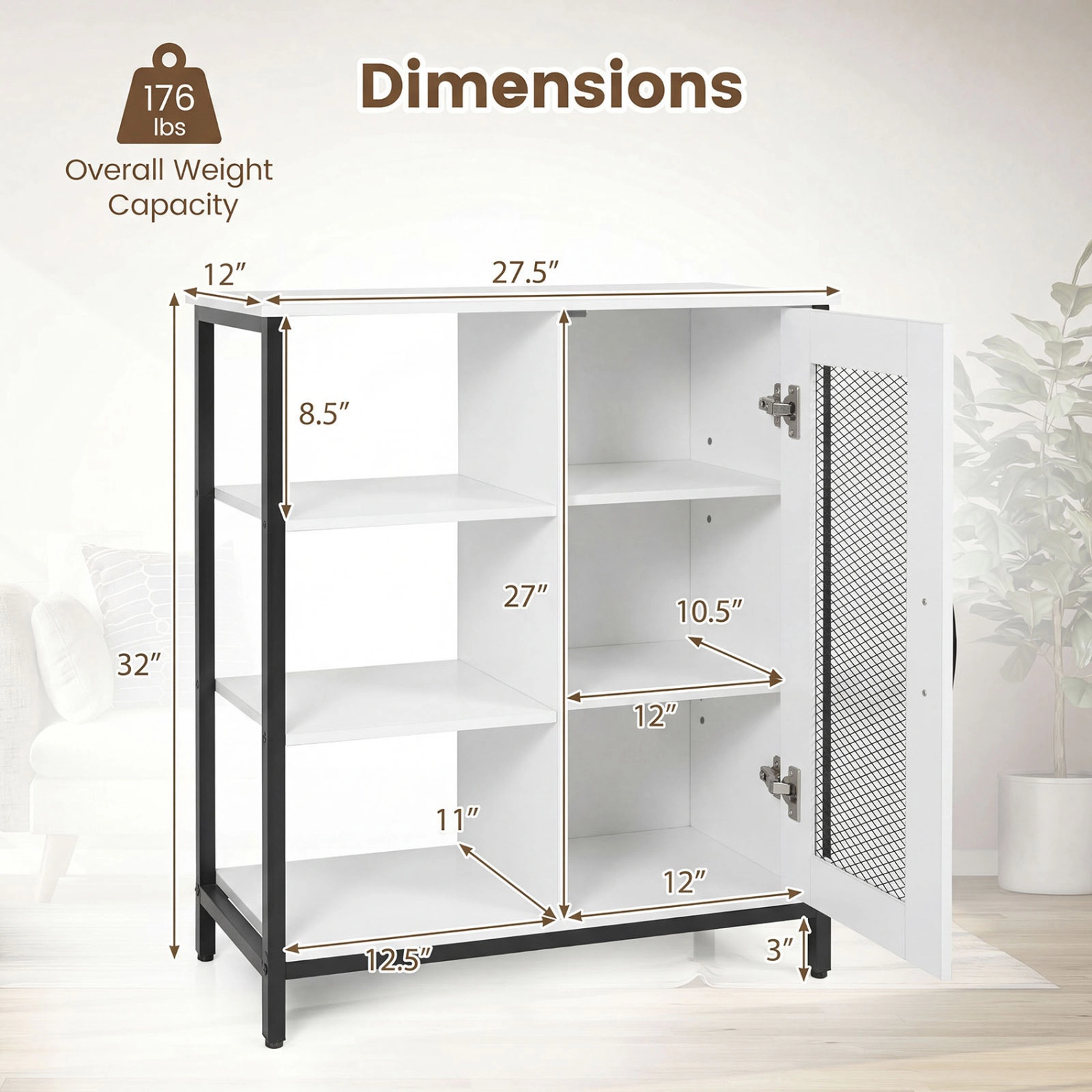 SUGIFT 27.5-in Industrial Sideboard Buffet Cabinet with Mesh Door, 3 Open Shelves, and Adjustable Storage