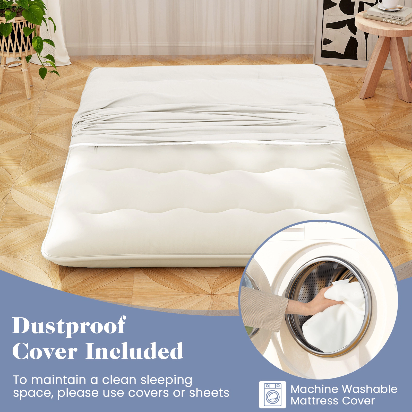 SUGIFT Twin Beige Japanese Floor Futon Mattress, 4-Inch Thick, 5-Layer Quilted Sleeping Pad