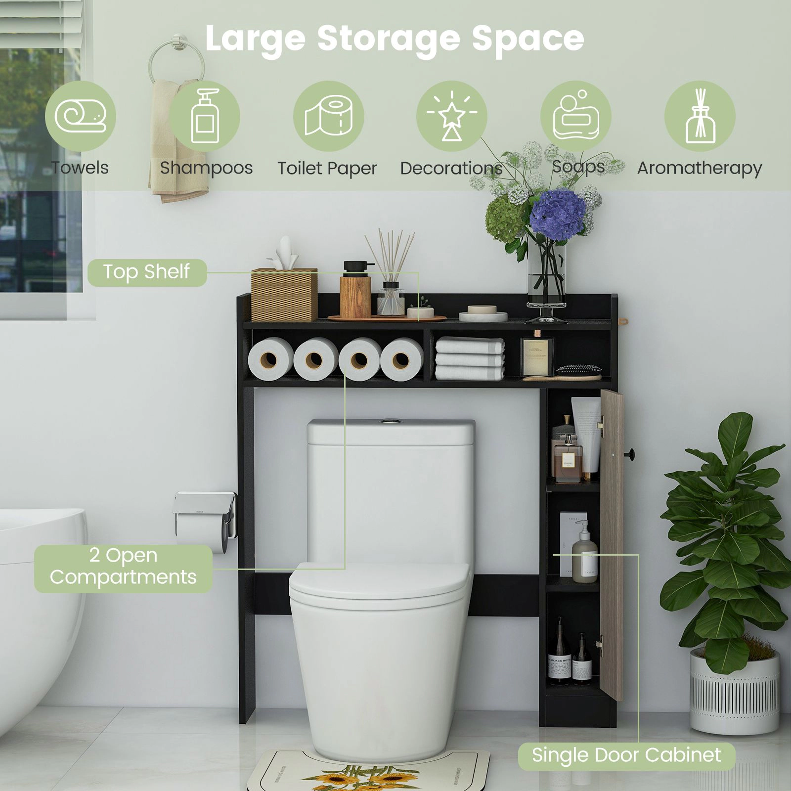 SlickBlue Over Toilet Bathroom Organizer with Cabinet and Open Shelves