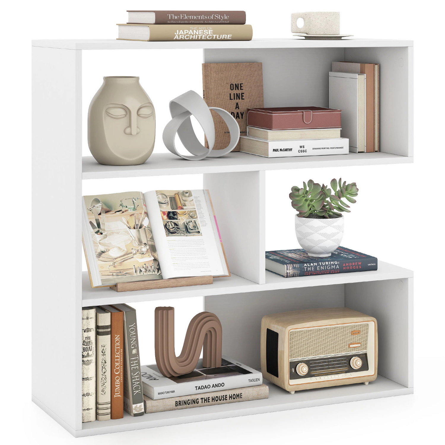 LJG Concave Bookshelf with 3 Open Shelves & Anti-Toppling Device for Living Room