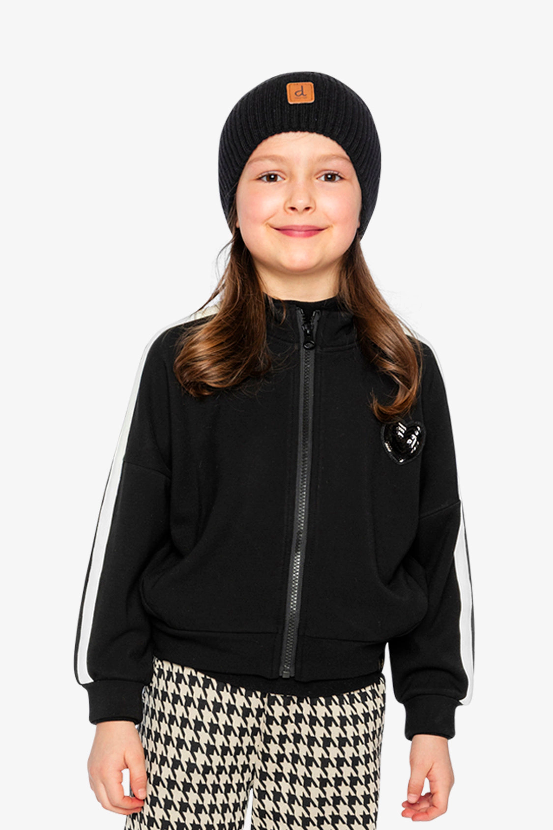 Deux par Girls Sequin Heart Striped Zip-Up Milano Jacket