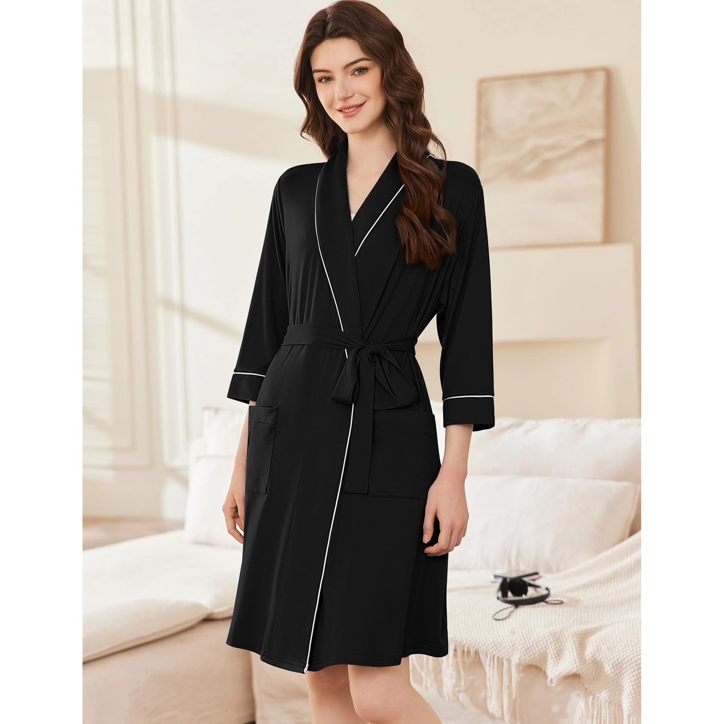 Ekouaer Women Robes Shawl Collar Bathrobe Short Kimono Robe Soft Knit Bathrobes Ladies Sleepwear
