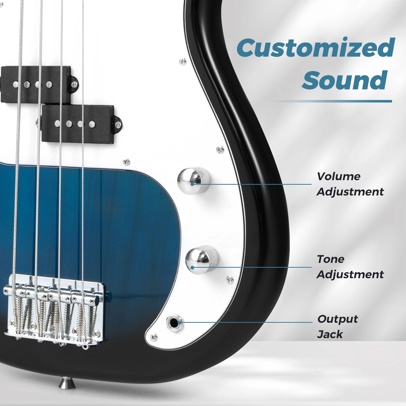SUGIFT Blue 45.5-in Electric Bass Guitar with Double Pickups Chrome-Plated Pegs Gig Bag and Truss Rod