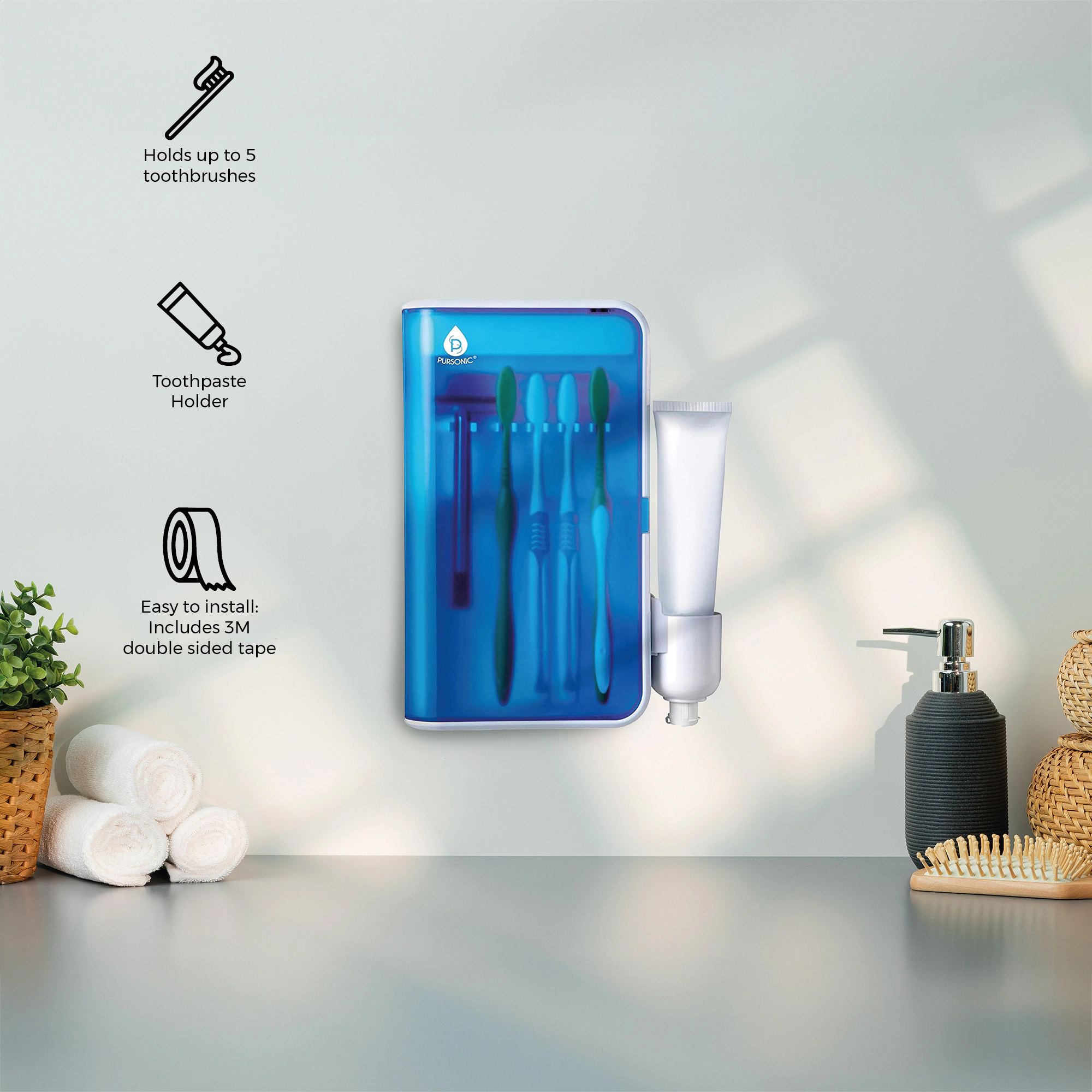 Pursonic Unisex Family UV Toothbrush Sanitizer with AC Adapter & Germicidal UV Light for Up to 5 Toothbrushes