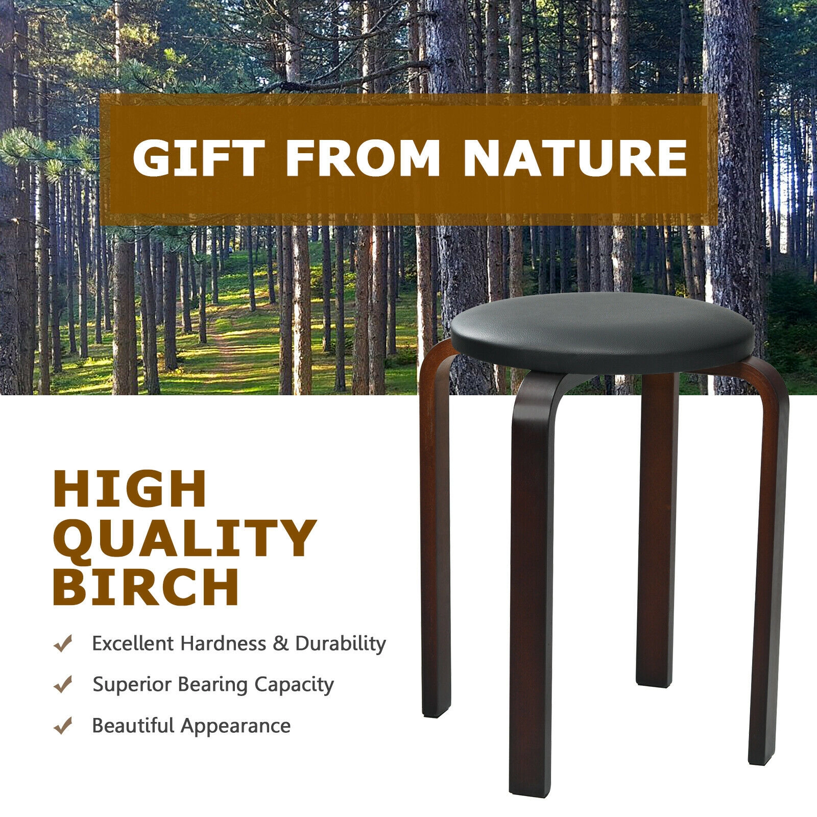 SUGIFT Stackable Bentwood Round Stool Dining Chairs 330-Lb Capacity with 12.5-in Padded Seat Black Beige