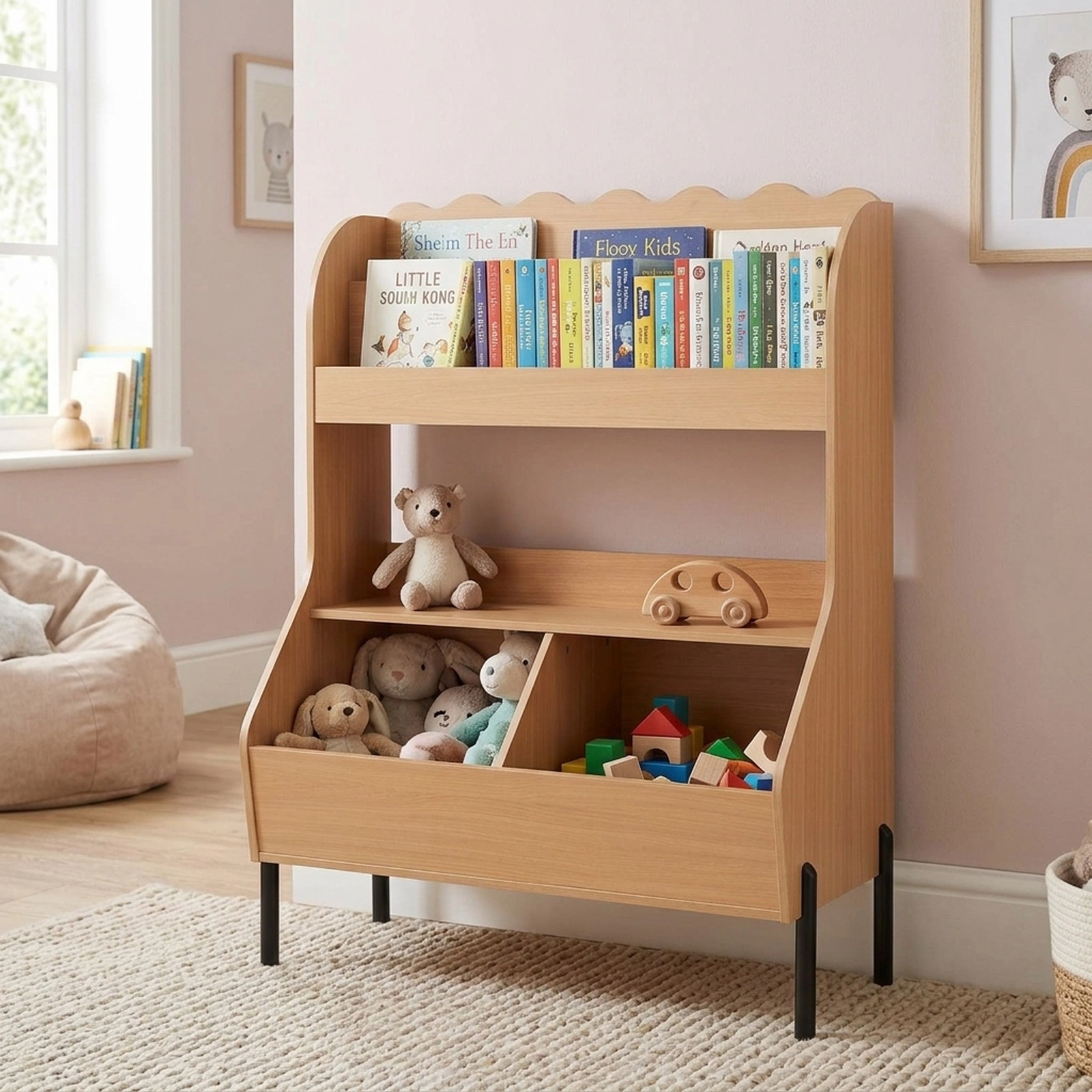 SUGIFT Kids Toy Storage Organizer Wooden Montessori Bookshelf with 2 Storage Bins 11-lb Shelf Capacity Natural/White