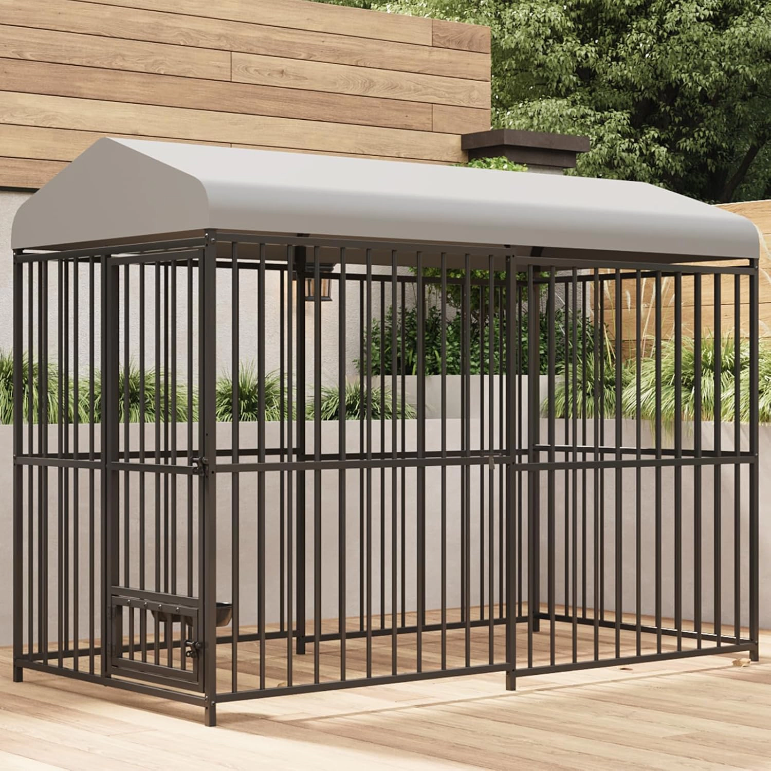 8x4x6 FT Outdoor Dog Kennel, Metal Pet Enclosure with Waterproof Roof & Swivel Feeder