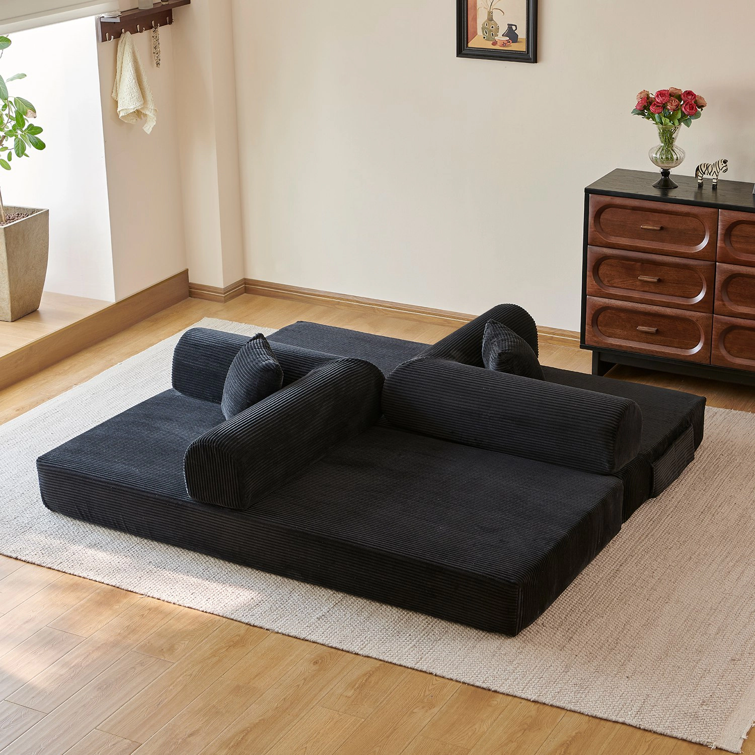 GBruno 3-Seat Convertible Corduroy Floor Sofa Bed
