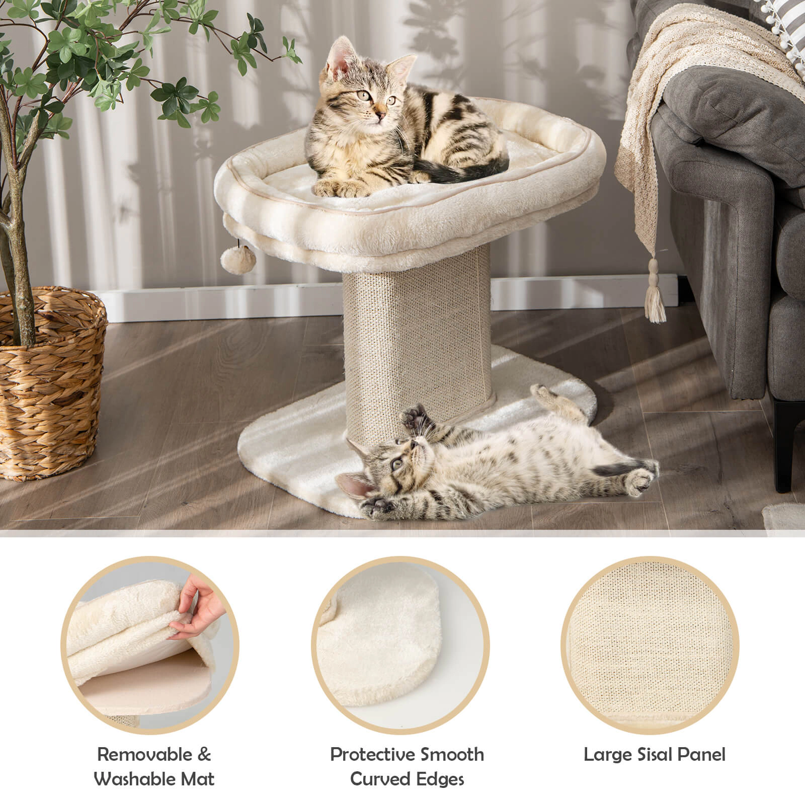 SUGIFT 19.5-in Beige Modern Cat Tree Tower with 22.5-in Plush Perch and Sisal Scratch Plate 23-in Base W