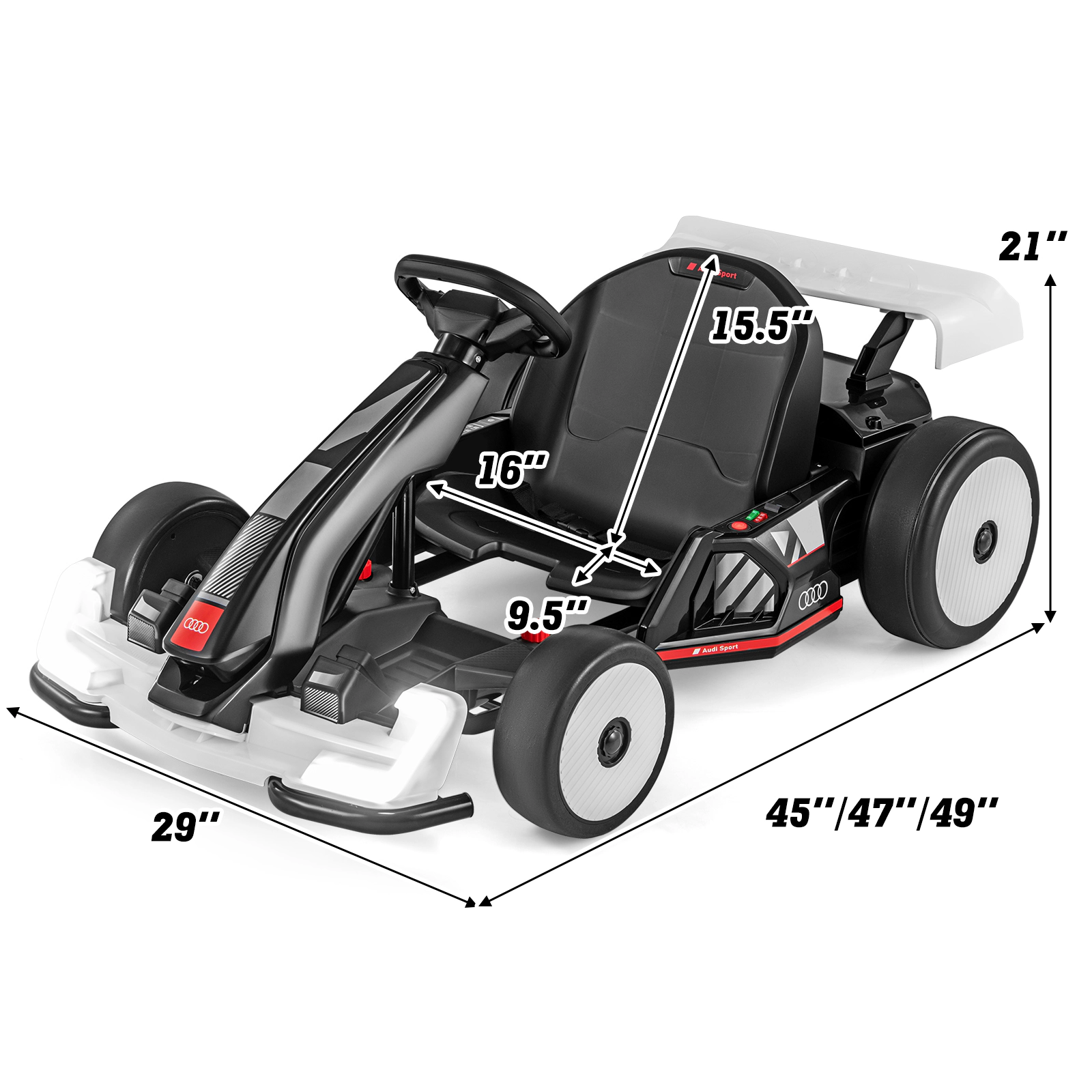 SUGIFT 24V Adjustable Kids Go Kart Ride-On Racing Toy with Drift and Sport Modes 110-lb Capacity Ages 6+ Black & White