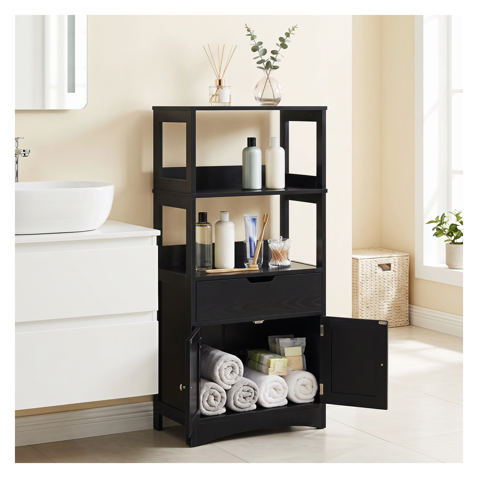 Glintex 48-Inch Bathroom Cabinet with Anti-Fall Baffles Drawer and 2 Doors