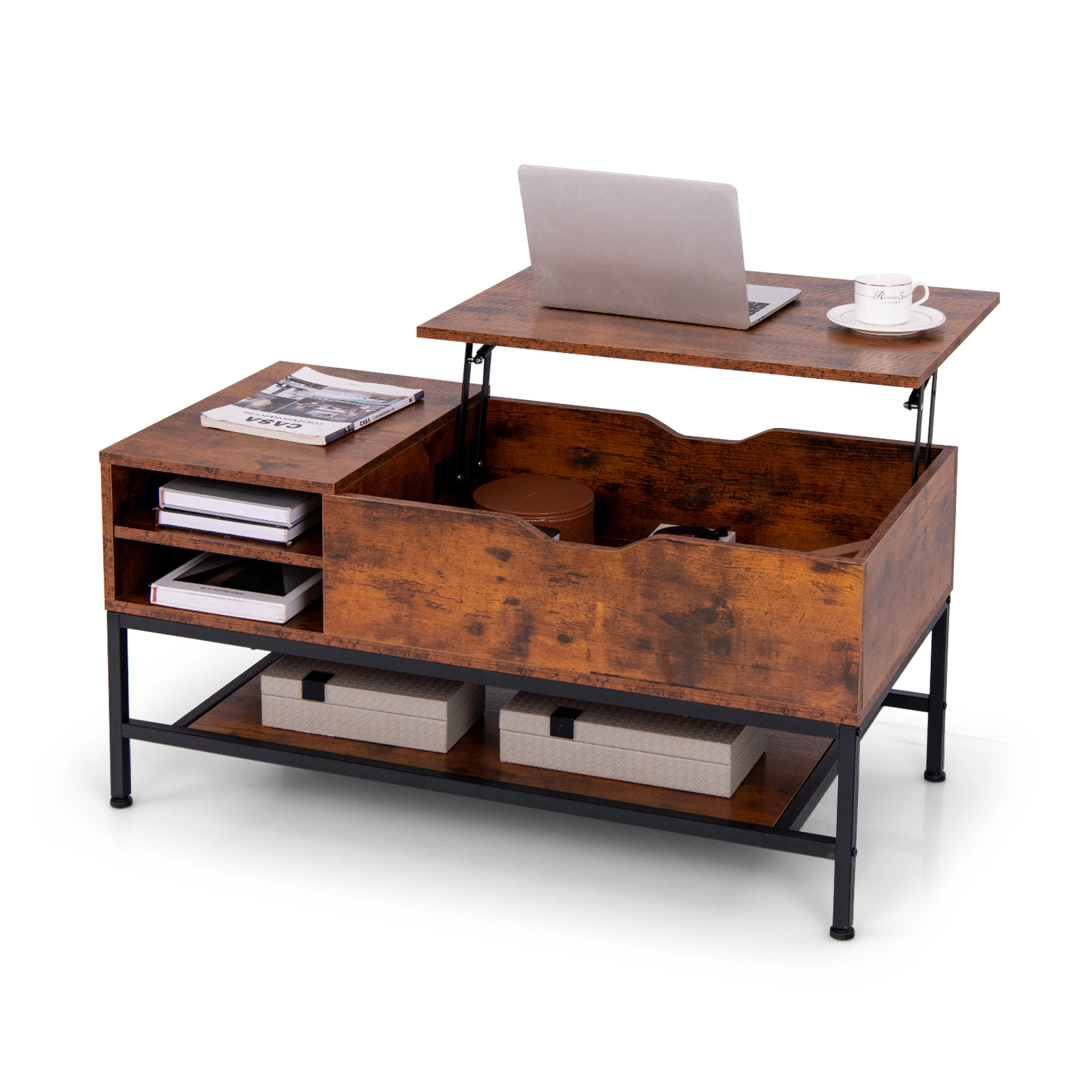 Glintex 39.5-Inch Lift-Top Coffee Table with Removable Shelf and Metal Frame, Rustic Brown