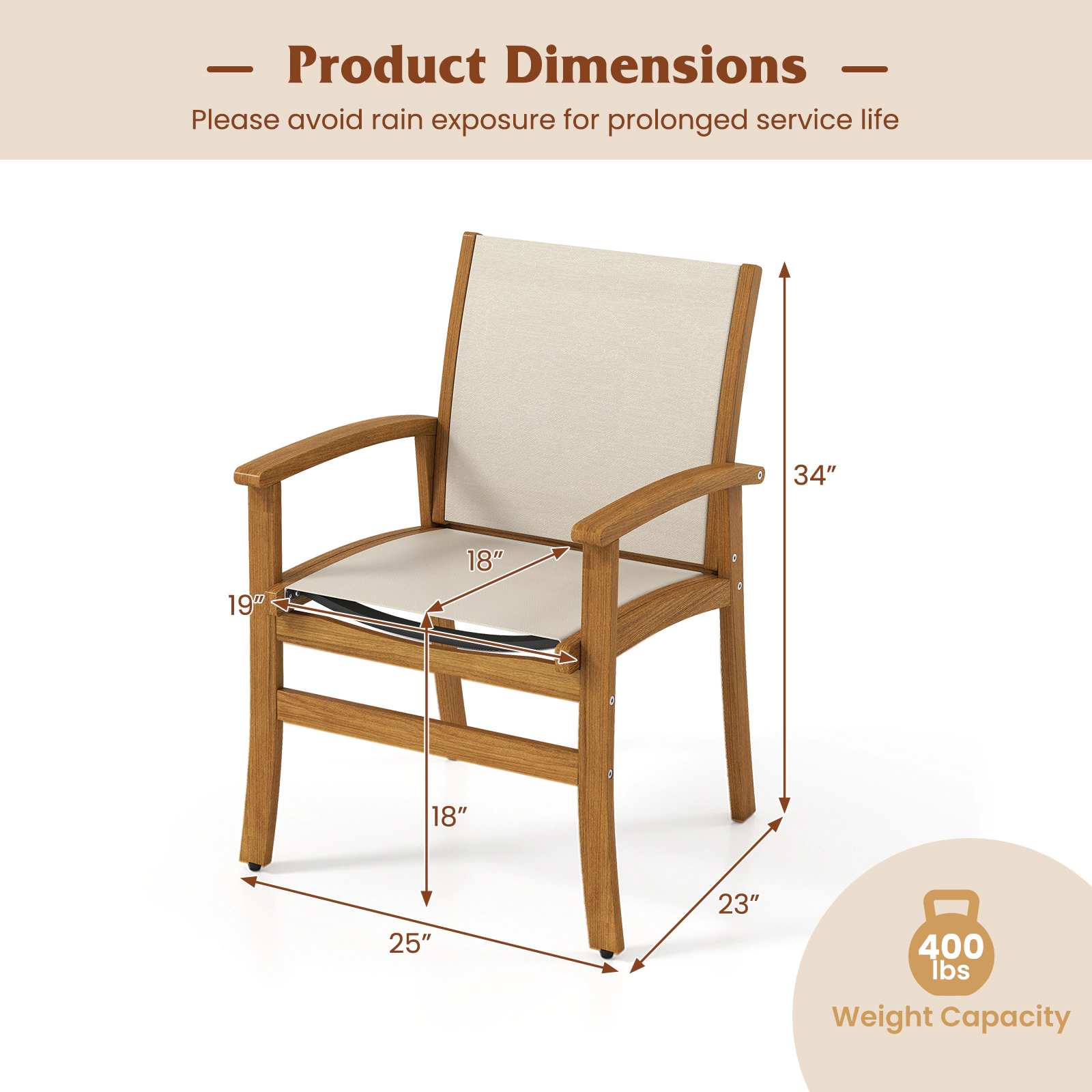 SUGIFT Set of 2 Acacia Wood Patio Dining Armchairs with Breathable Fabric Seat 400-lb Capacity Natural and Gray or Beige