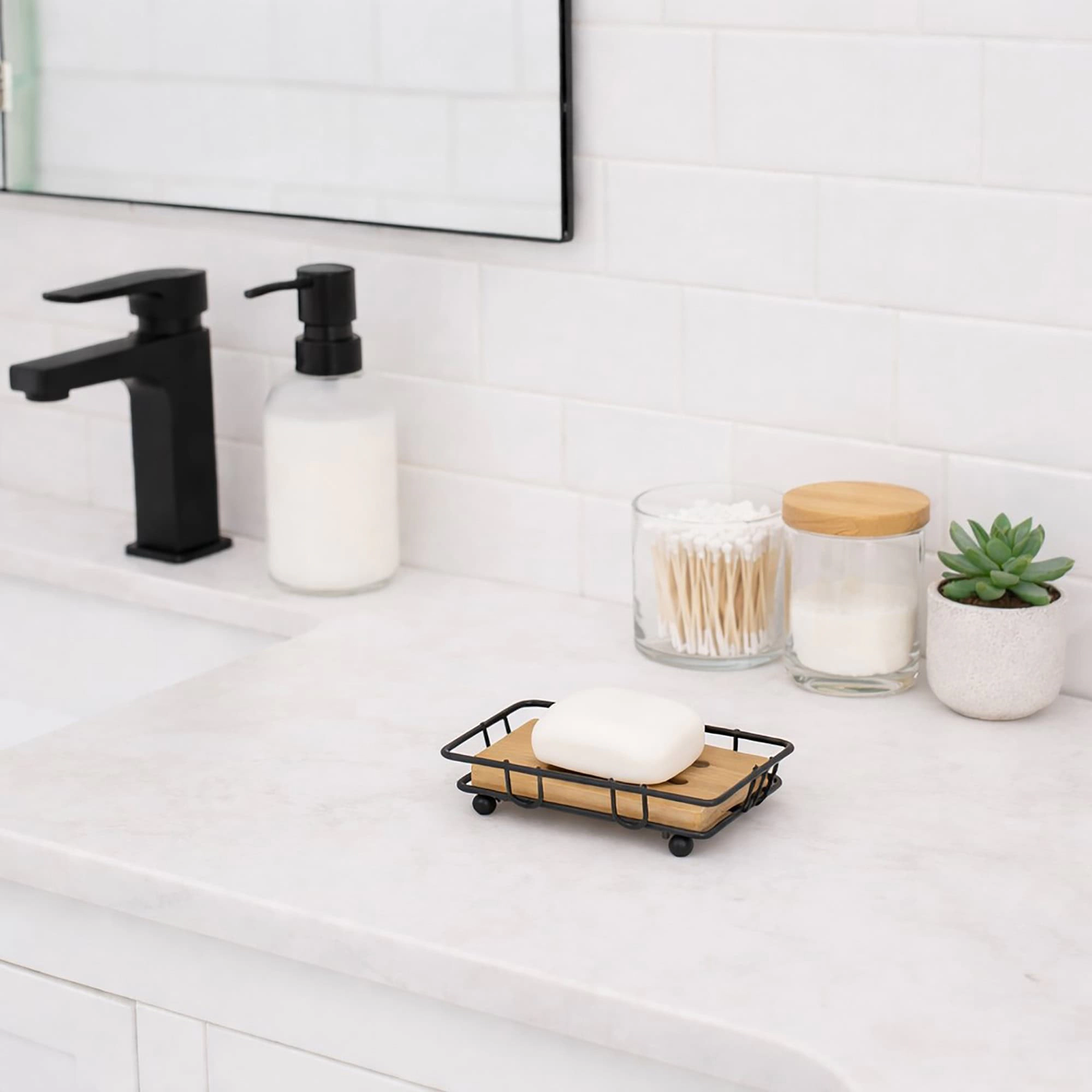 Evideco French Home Goods Bamboo Soap Dish with Removable Black Wire Cradle