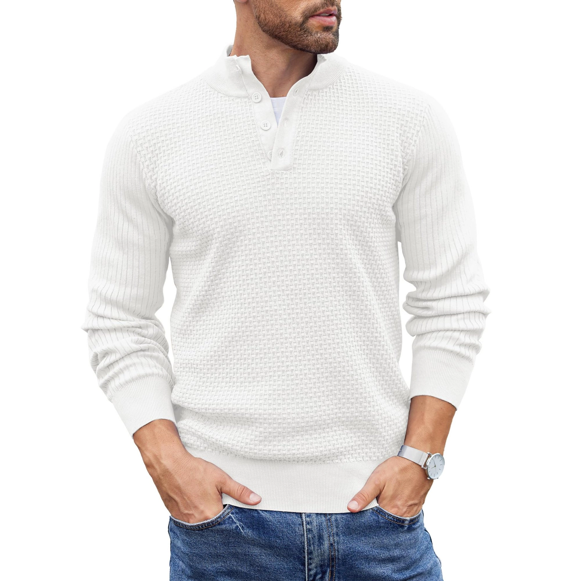 COOFANDY Mens Long Sleeve Henley Sweater Fall Button Mock Neck Waffle Knit Tops