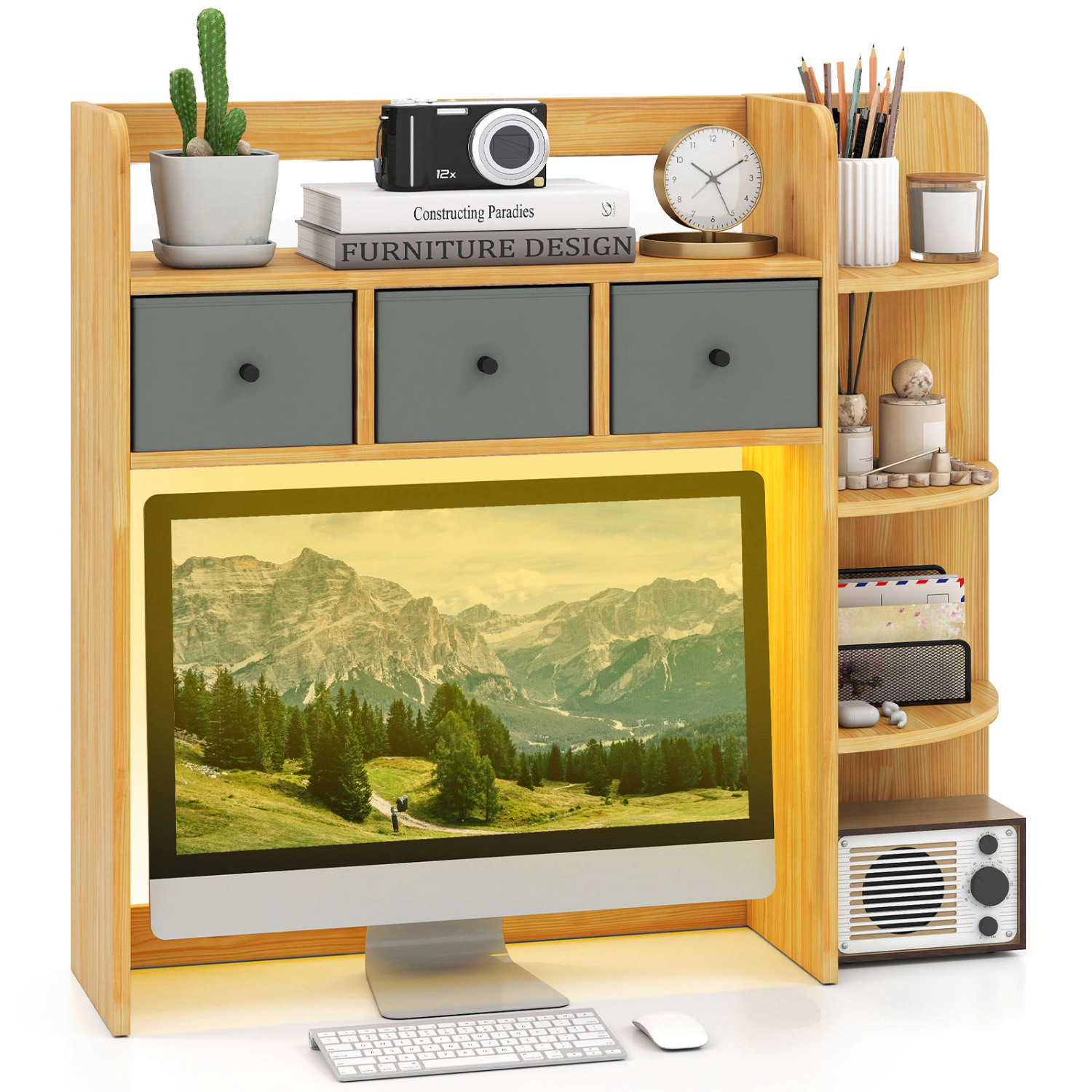 LJG Desktop Bookshelf with LED Lights 5-Tier Shelves and 3 Drawers for Home Officce