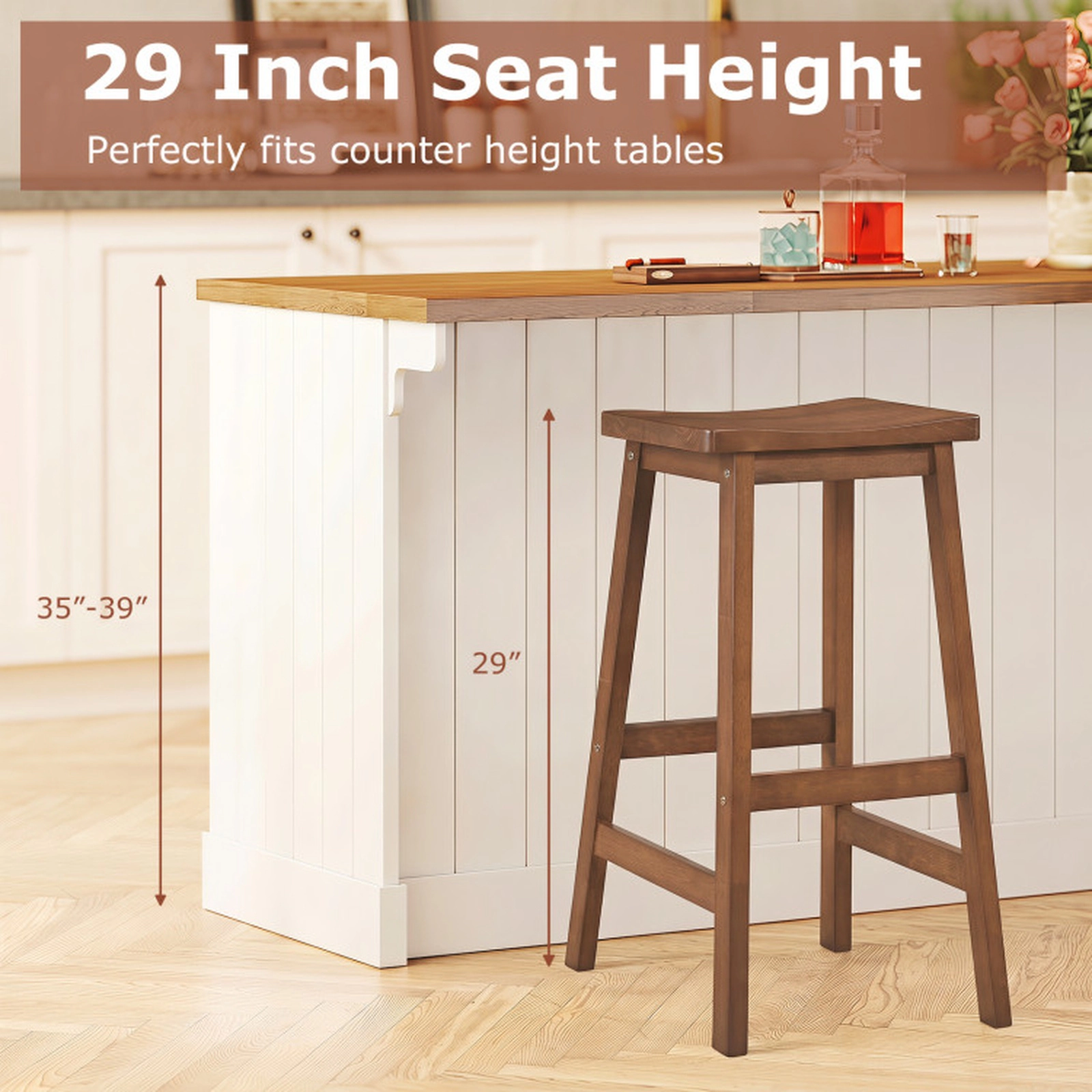 SUGIFT Set of 2 29 in. Backless Walnut Wood Saddle Bar Stools with Footrests, 330 lb Capacity