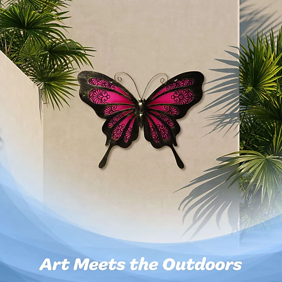 G128 Hand-Painted Pink Butterfly Metal Wall Art - 12 x 9 in Indoor Outdoor Wall Hanging