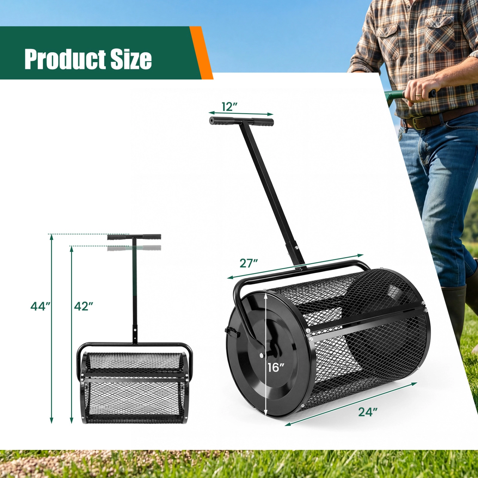 SUGIFT 24-in 2.7-cu ft Compost Spreader Peat Moss Roller with Height Adjustable T-Shape Handle