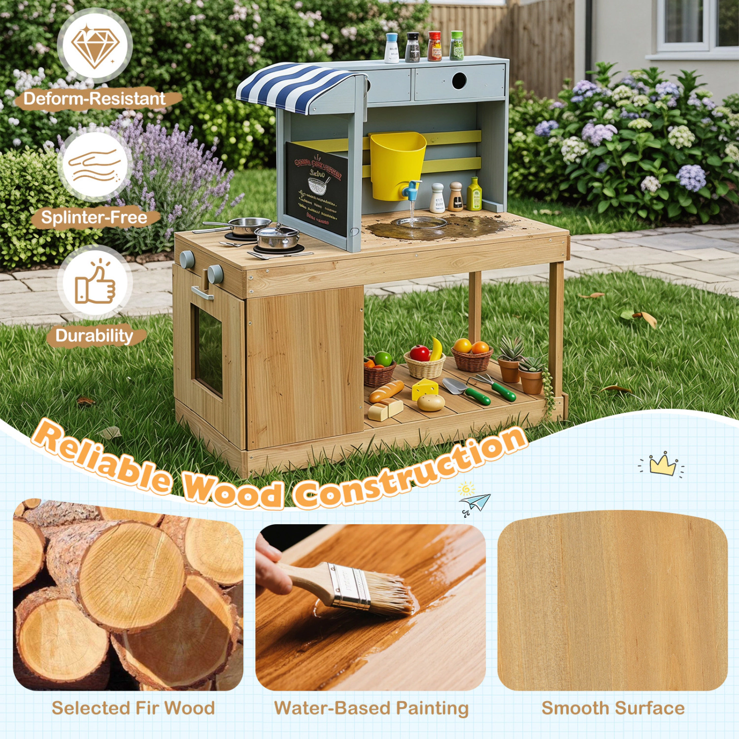 LJG Fir Wood Kids Kitchen Playset with Canopy and Faucet