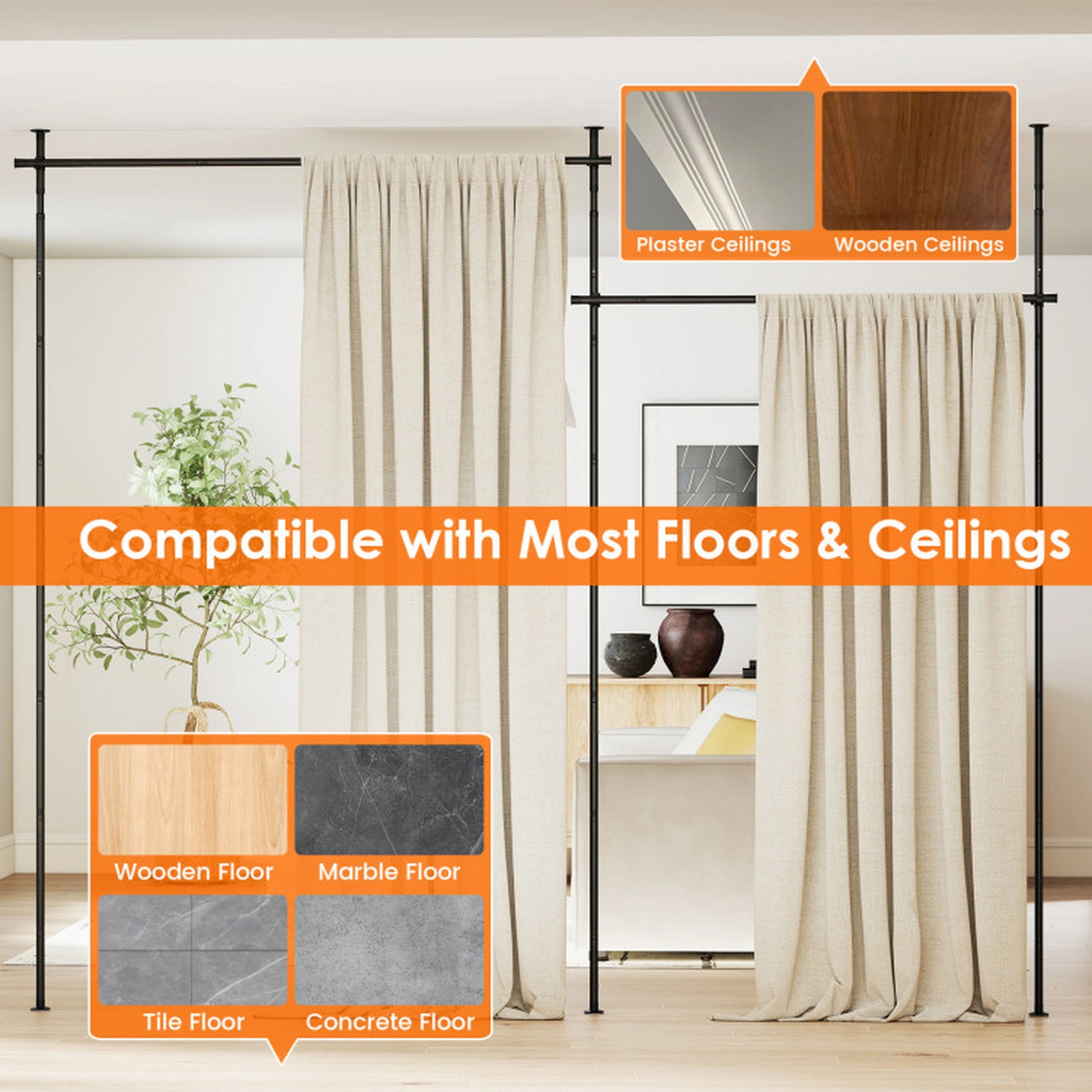 SUGIFT Adjustable Floor to Ceiling Tension Room Divider Curtain Rod 28-in to 142-in Wide 4-ft to 10-ft 45-lb Black