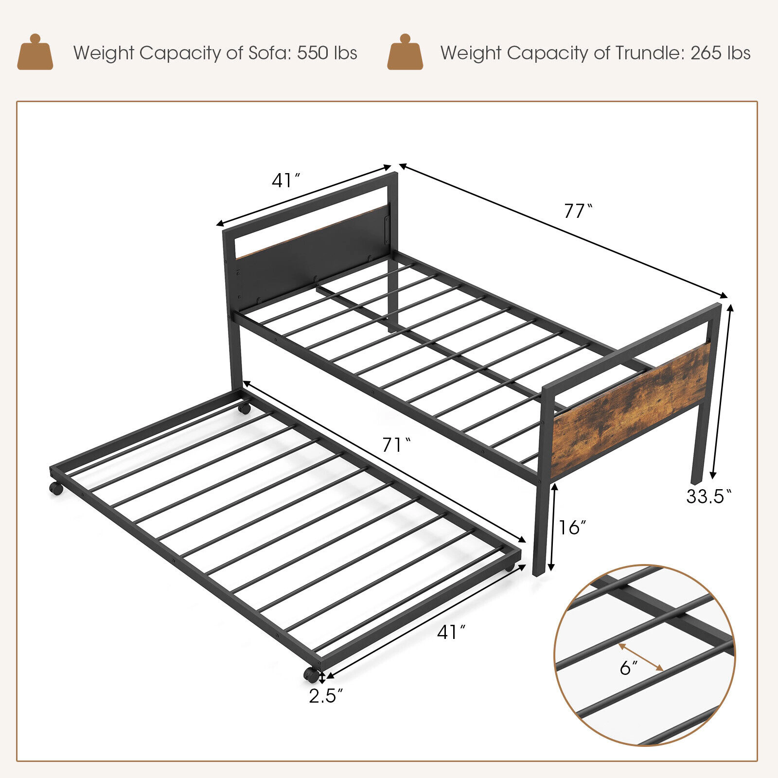 SUGIFT Twin Daybed Trundle Lockable Wheels Twin Size 550-lb Sofa Capacity 265-lb Trundle Capacity Rustic Brown & Black